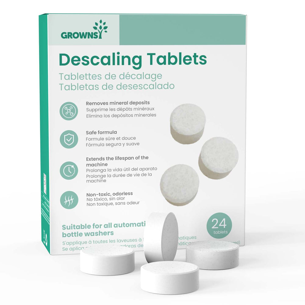 Grownsy descaling tablets packaging shown for easy bottle washer maintenance.