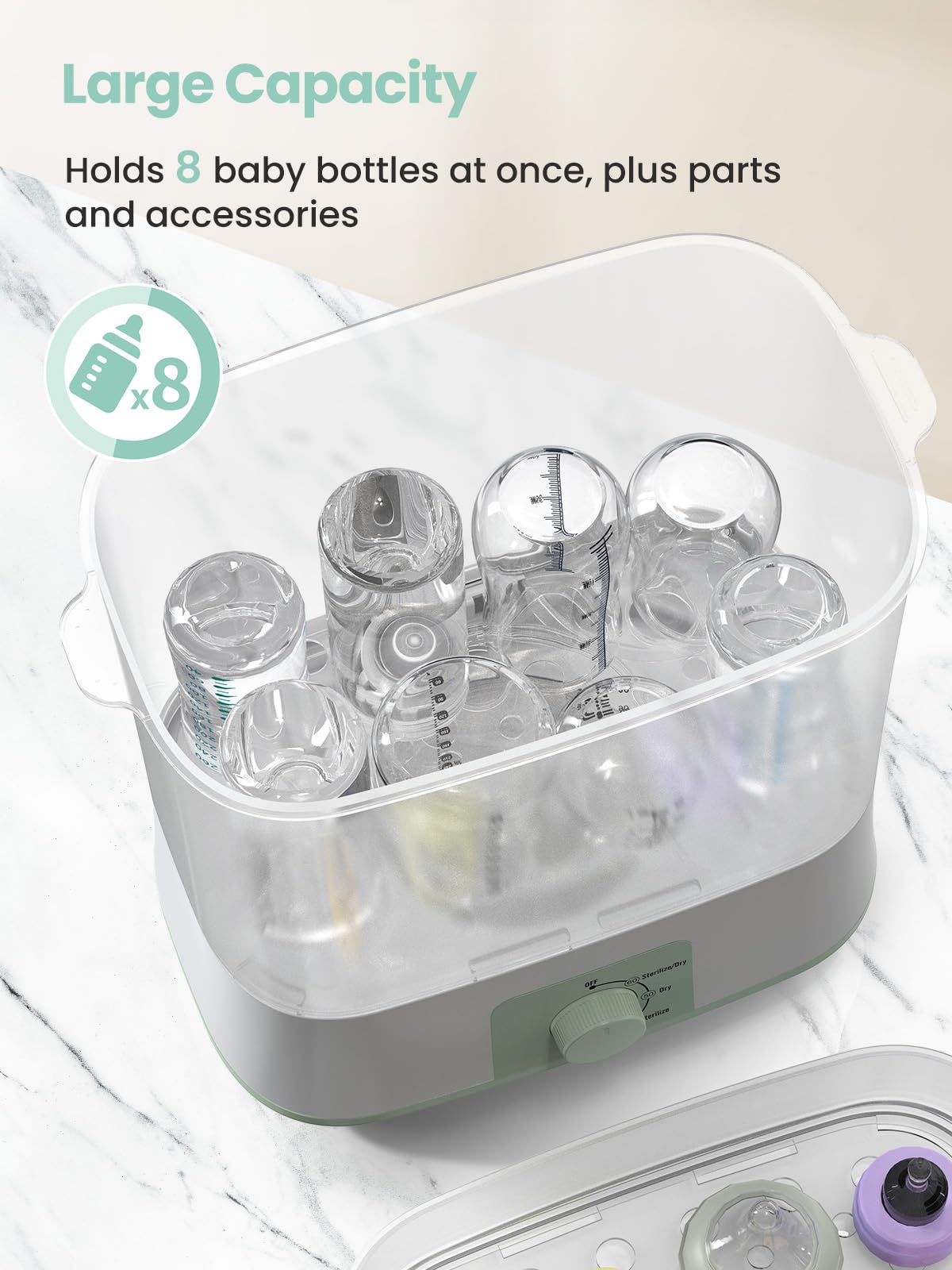 Grownsy compact dryer mode keeps bottles dry and ready.