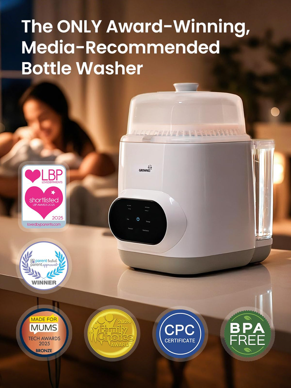Grownsy EaseClean operates at 120V 60Hz for North American households.