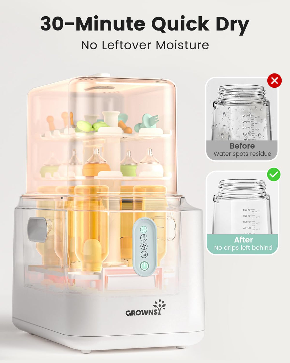 Grownsy fast-steam sterilization delivers quick sanitation for bottles.