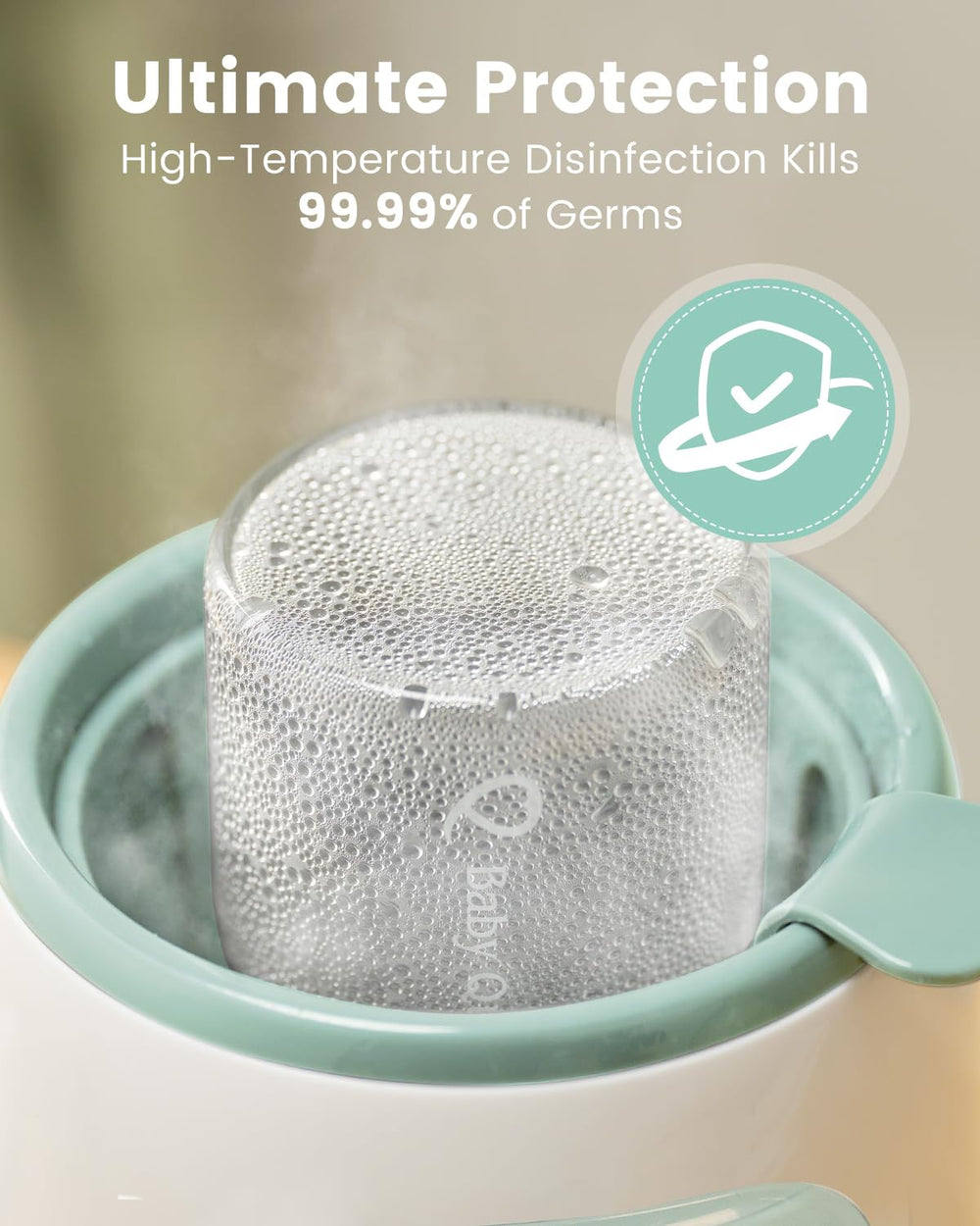 Grownsy green bottle warmer on nightstand ready for night feeds