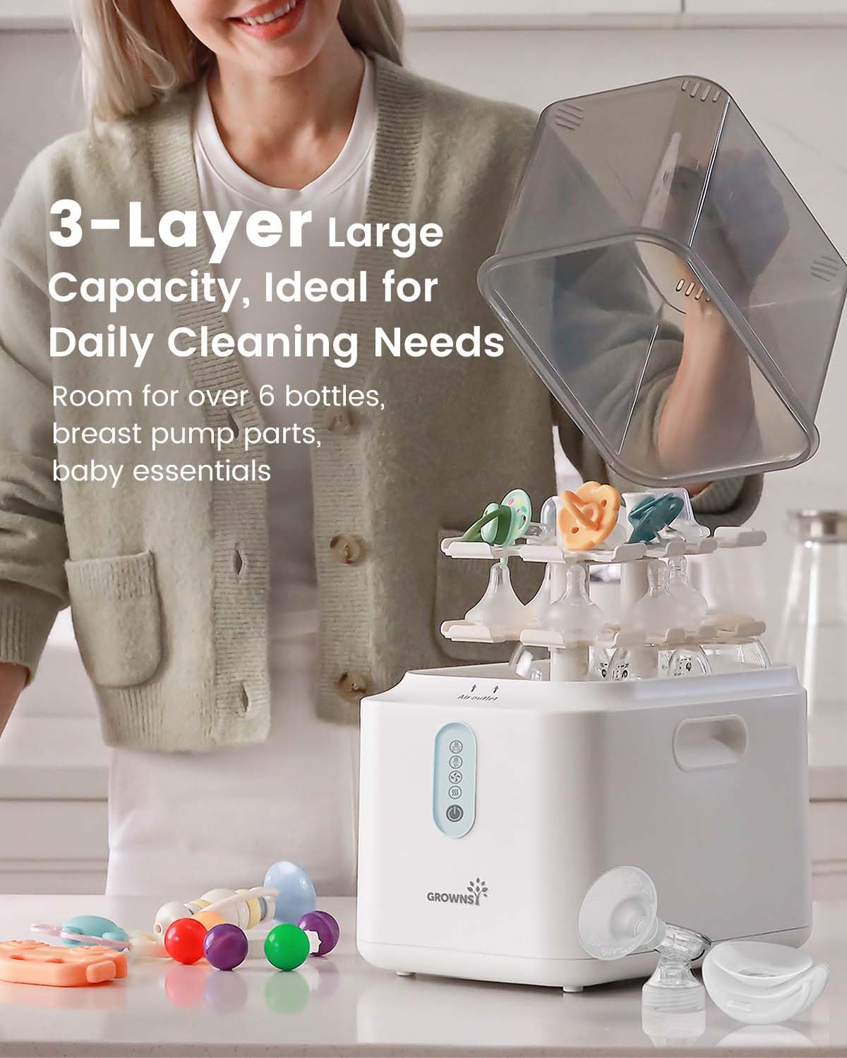 Grownsy HEPA filter promotes cleaner air during cycles.