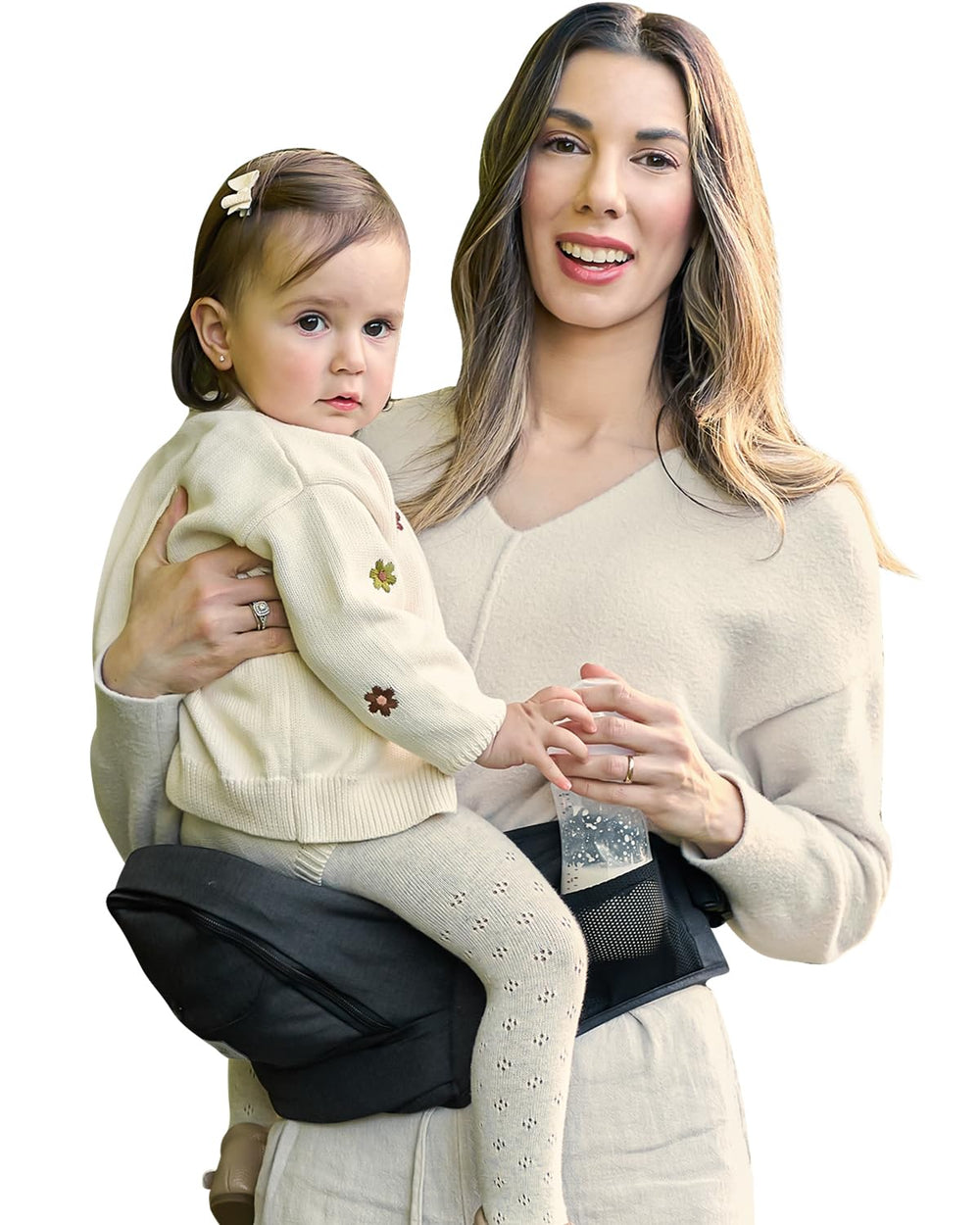Grownsy hip seat supports baby in ergonomic position for comfortable carrying.