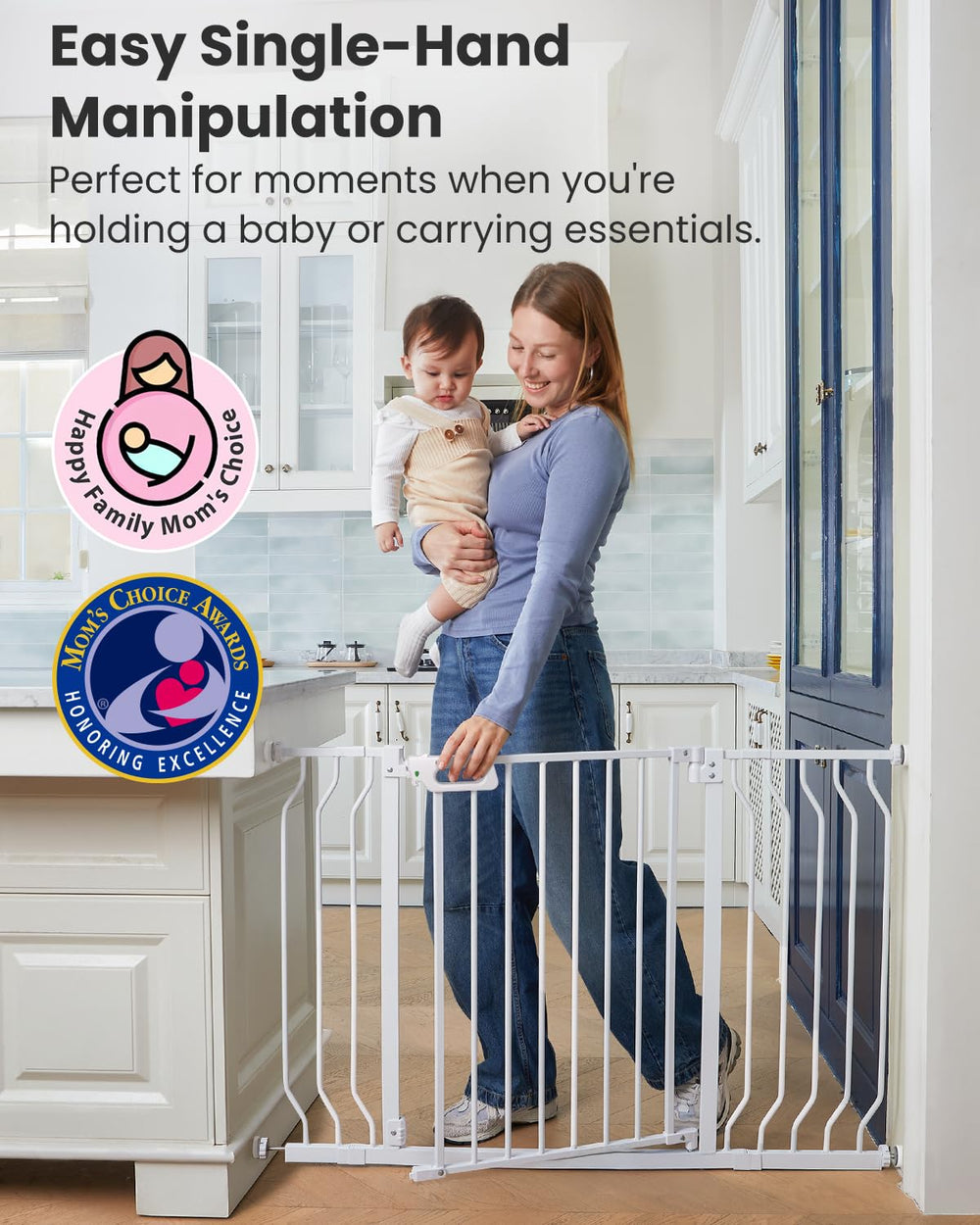 GROWNSY Mom's Choice Gate with an 180-degree swing and auto-close function in action.