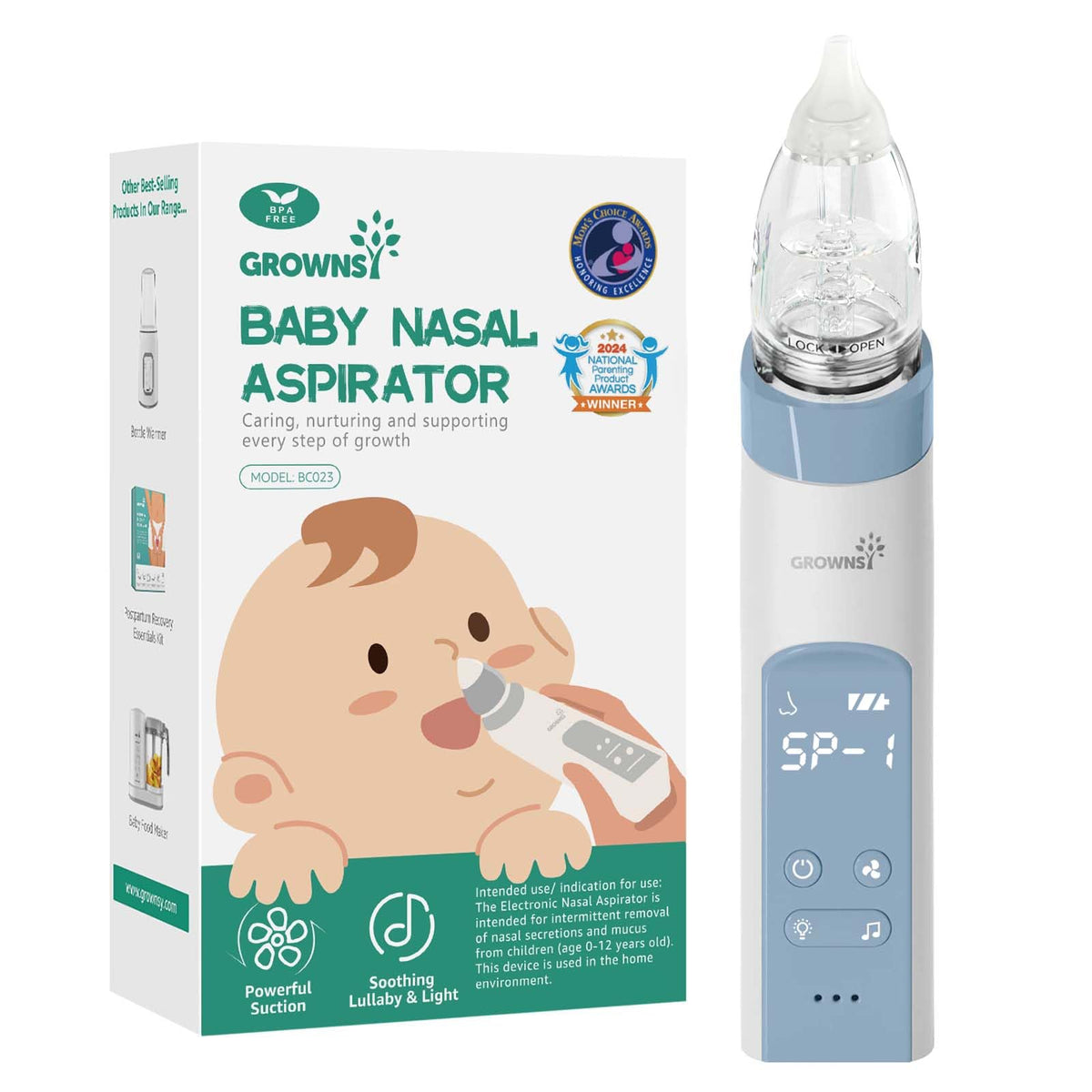 GROWNSY nasal aspirator used on a sleeping baby for gentle clearance.