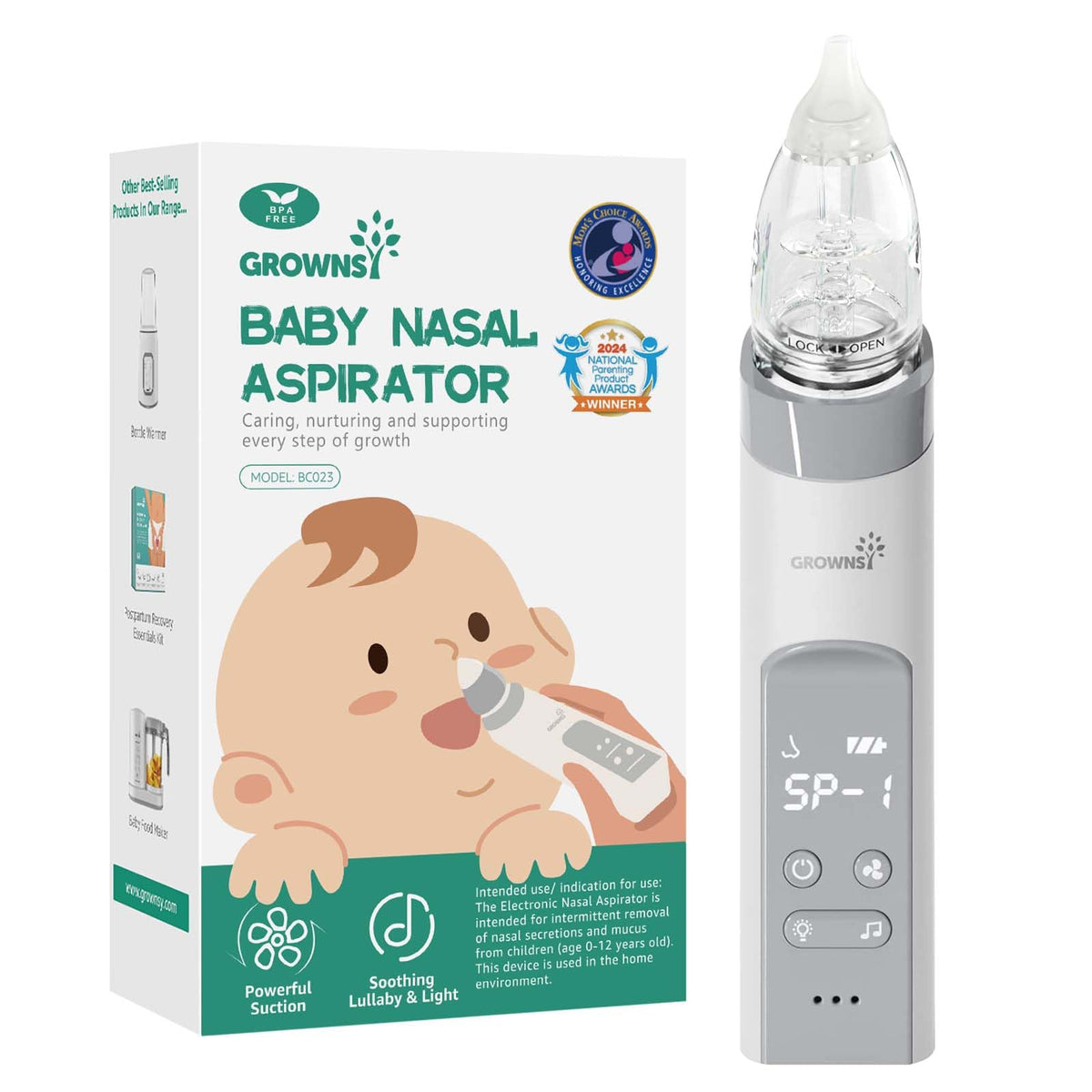 Grownsy nasal aspirator front view showing compact design for quick home use