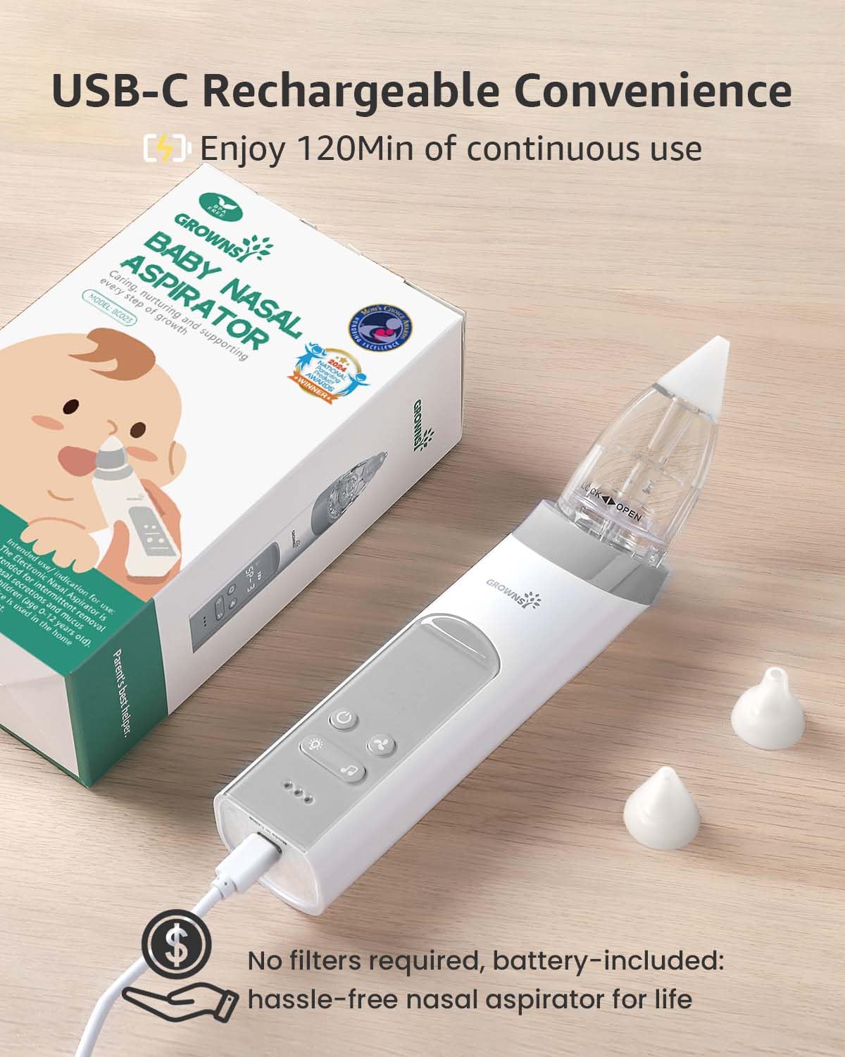 Grownsy nasal aspirator USB-C charging enables long use between charges