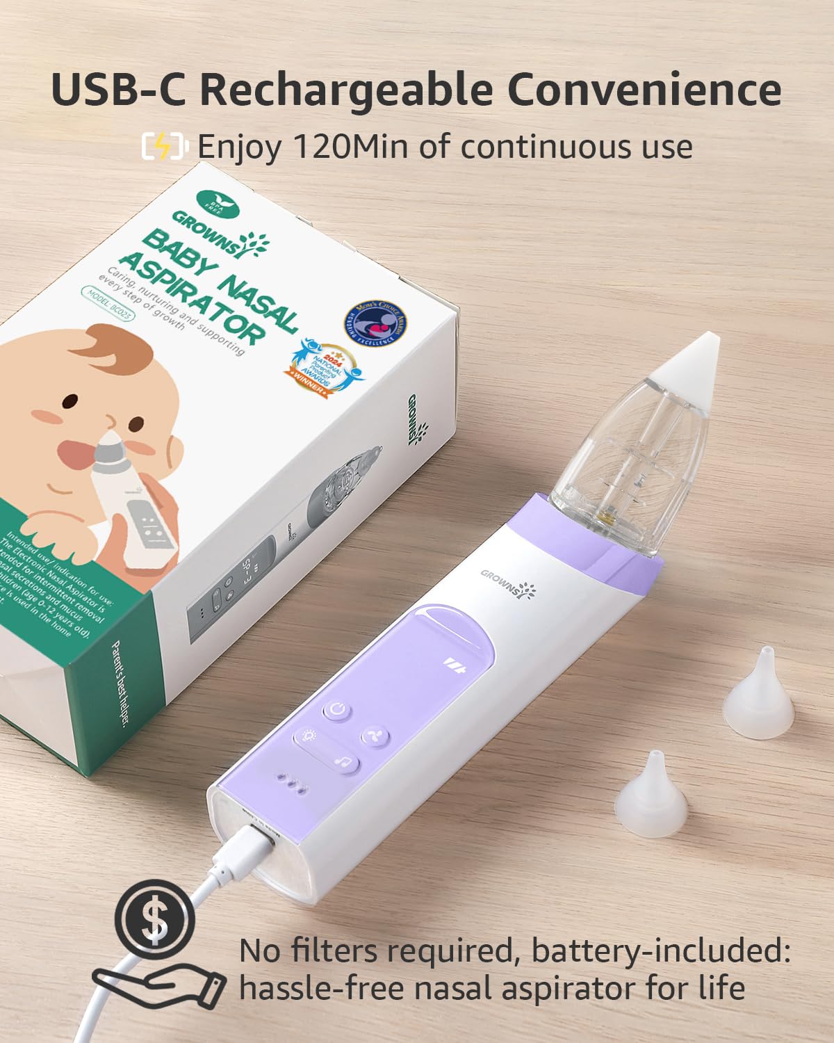 Grownsy nasal aspirator USB-C rechargeable for long-lasting power