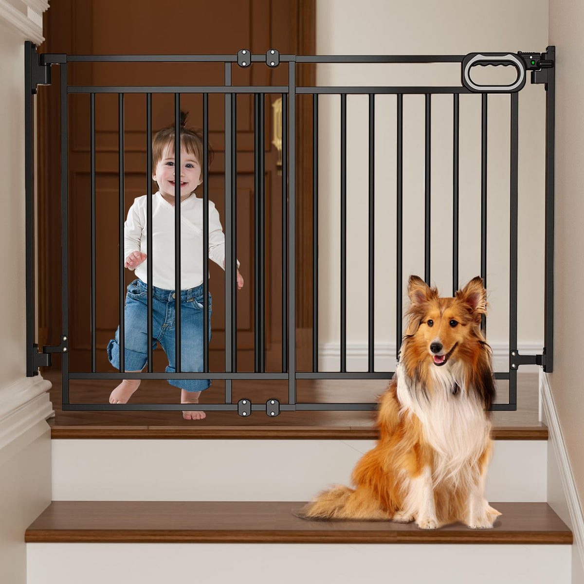 GROWNSY No Bottom Bar Gate for stairs with no bottom bar for safe walk-through.
