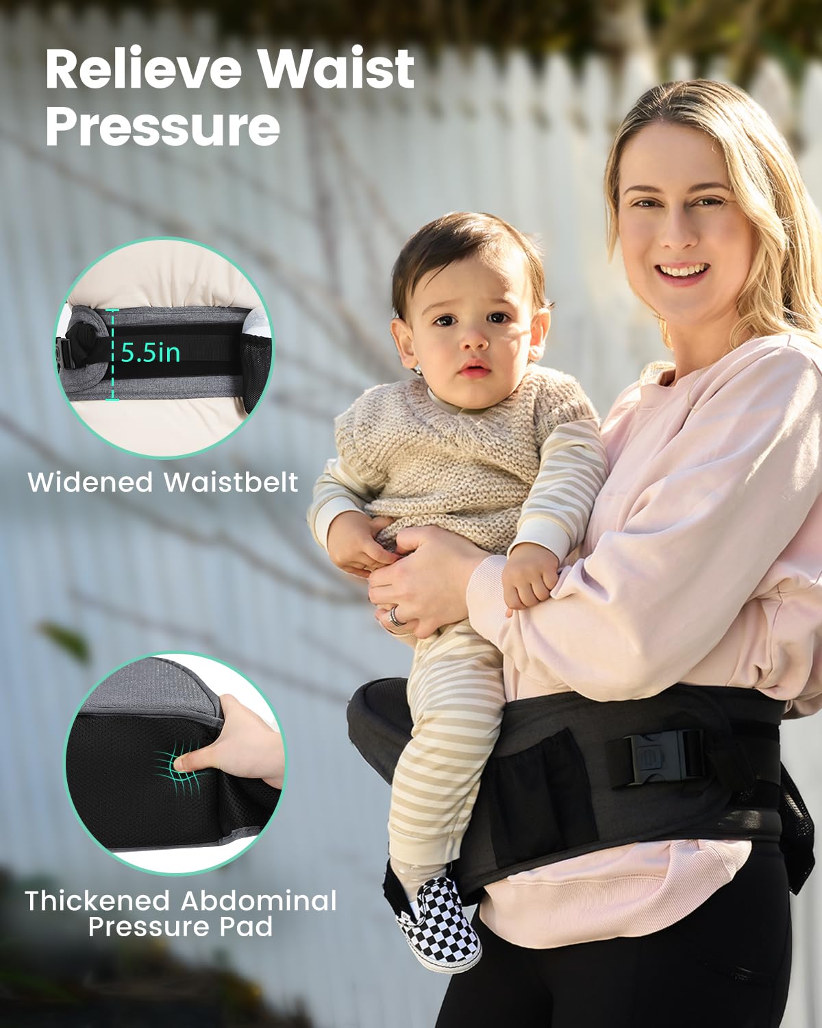 Grownsy non-slip hip seat helps maintain a relaxed stance while carrying.