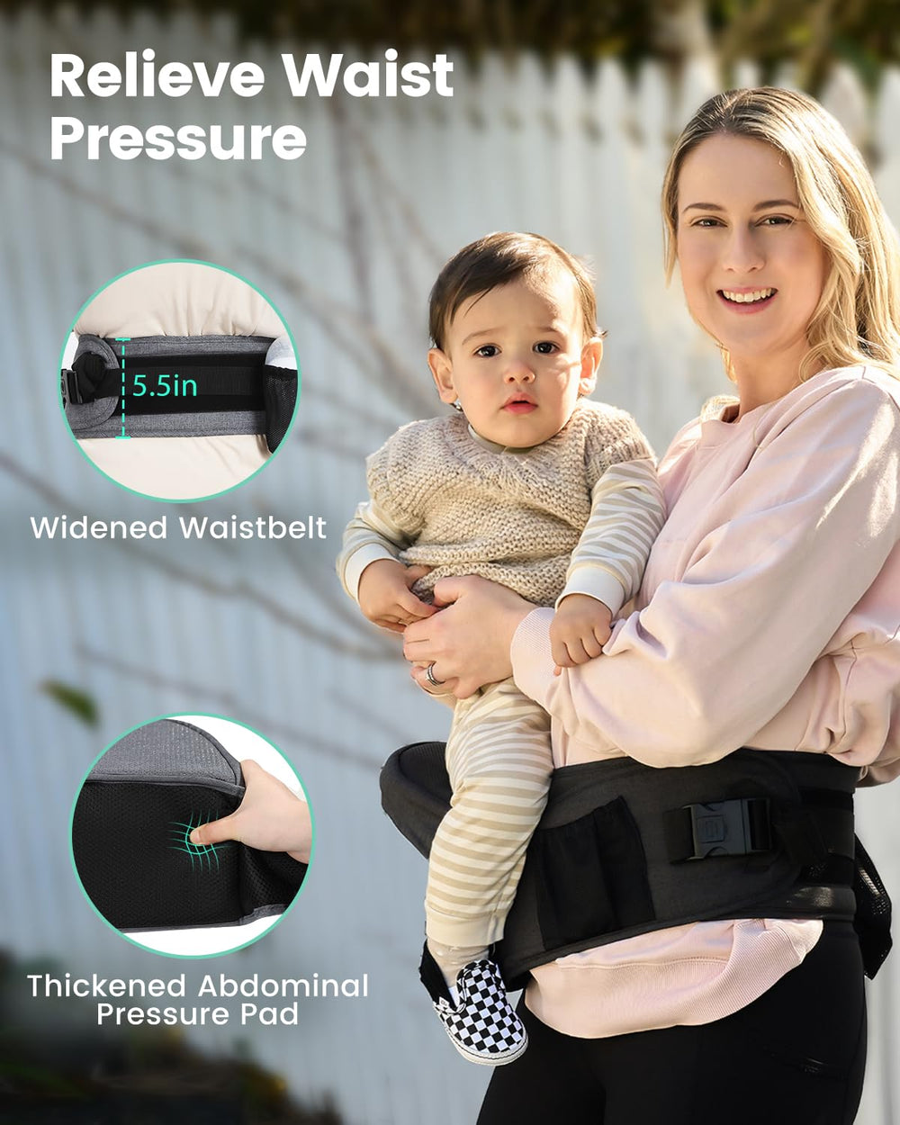 Grownsy non-slip hip seat helps maintain a relaxed stance while carrying.