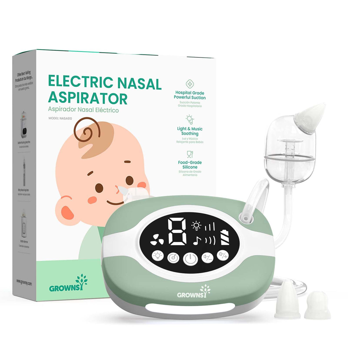 GROWNSY nasal aspirator with night light comforts baby during cleaning.