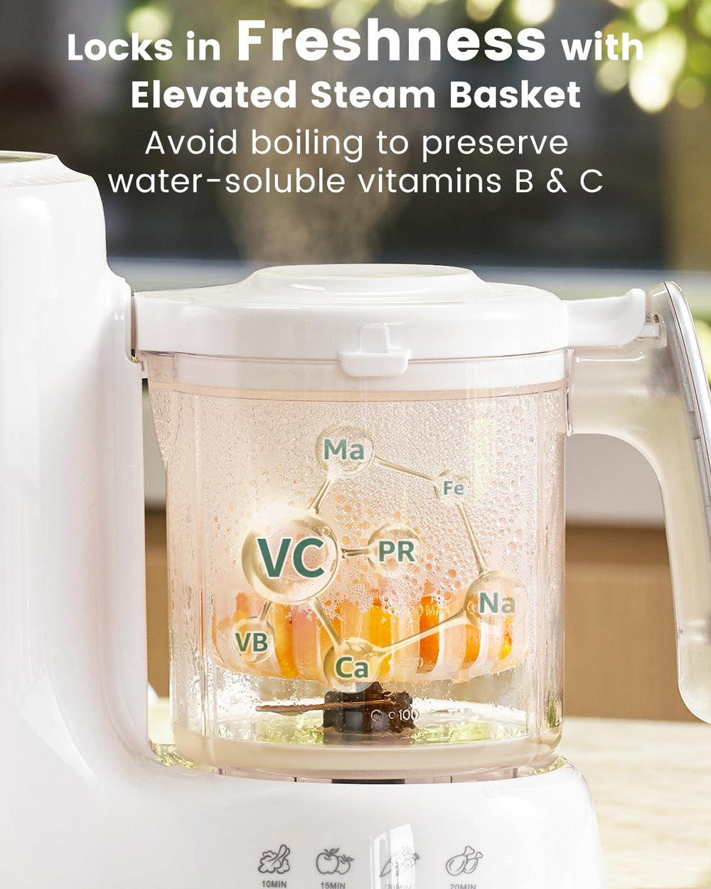 GROWNSY nutrient preserving steaming basket protects vitamins during cooking.