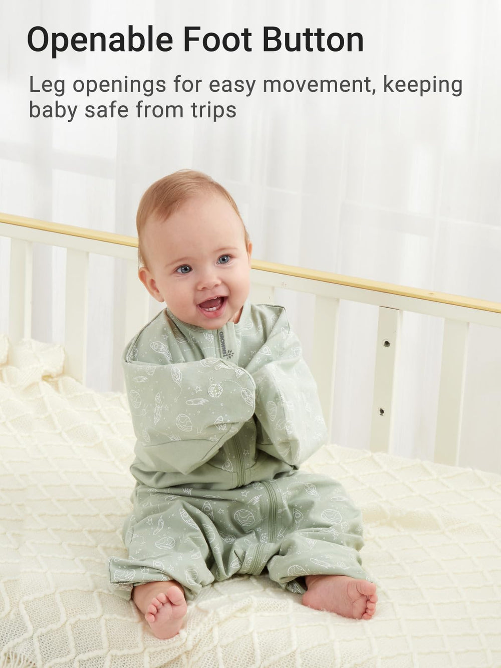 Grownsy ribbed waistband keeps swaddle secure without covering the face
