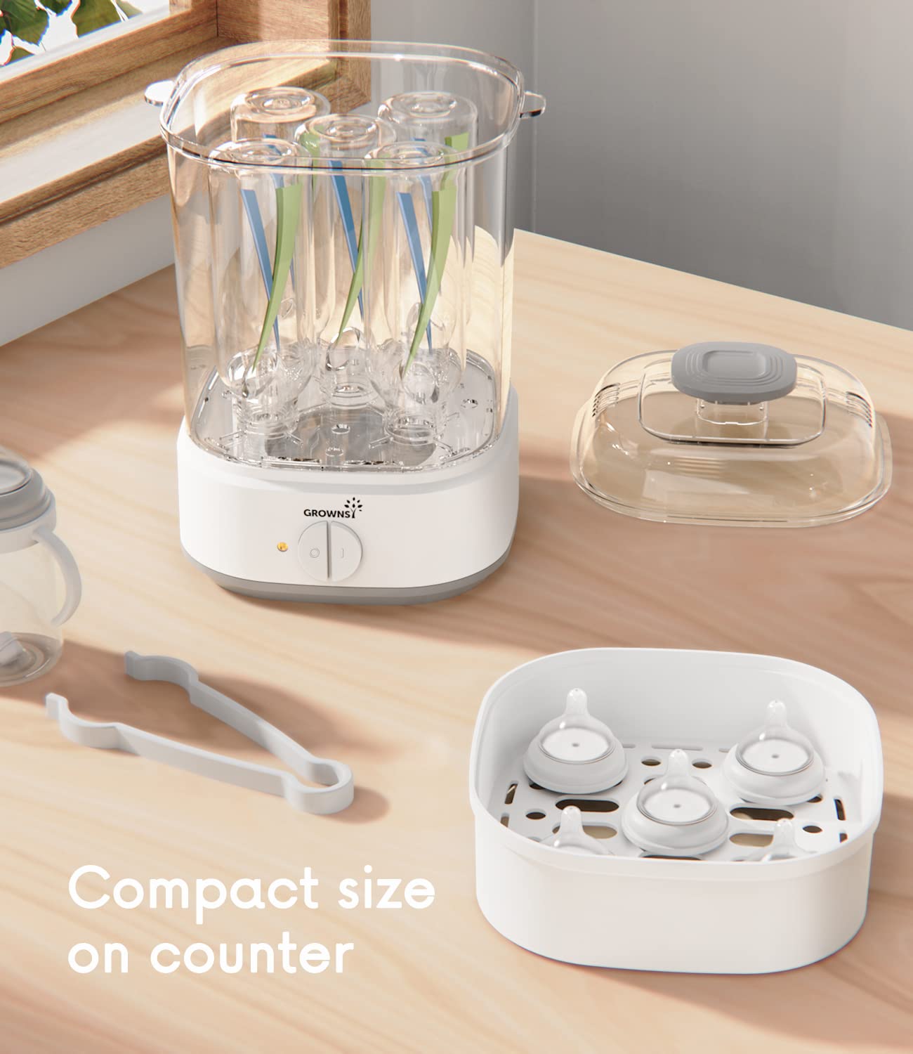 Grownsy steam disinfection demonstrates fast 8-minute cycle and thorough cleaning.