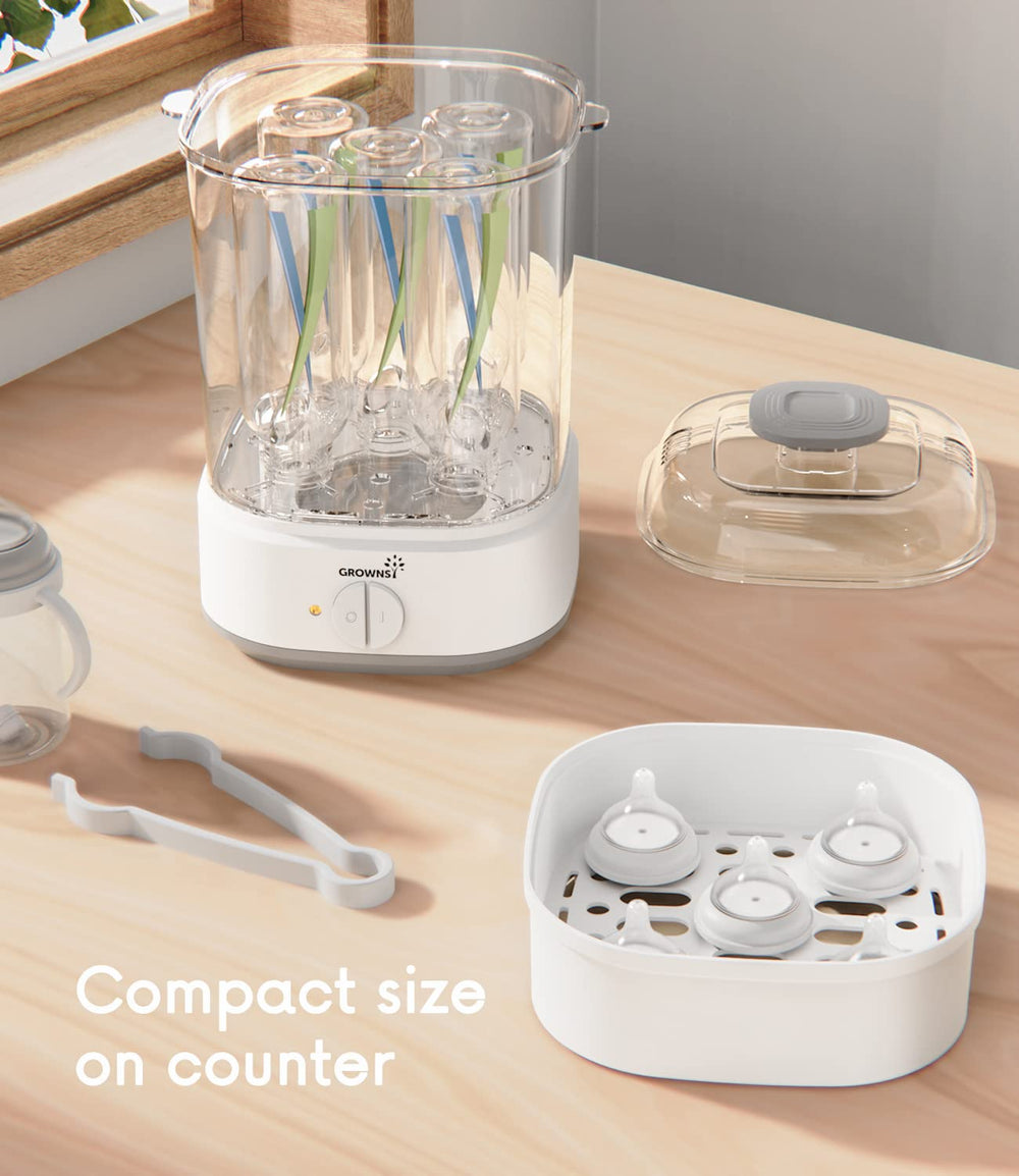 Grownsy steam disinfection demonstrates fast 8-minute cycle and thorough cleaning.