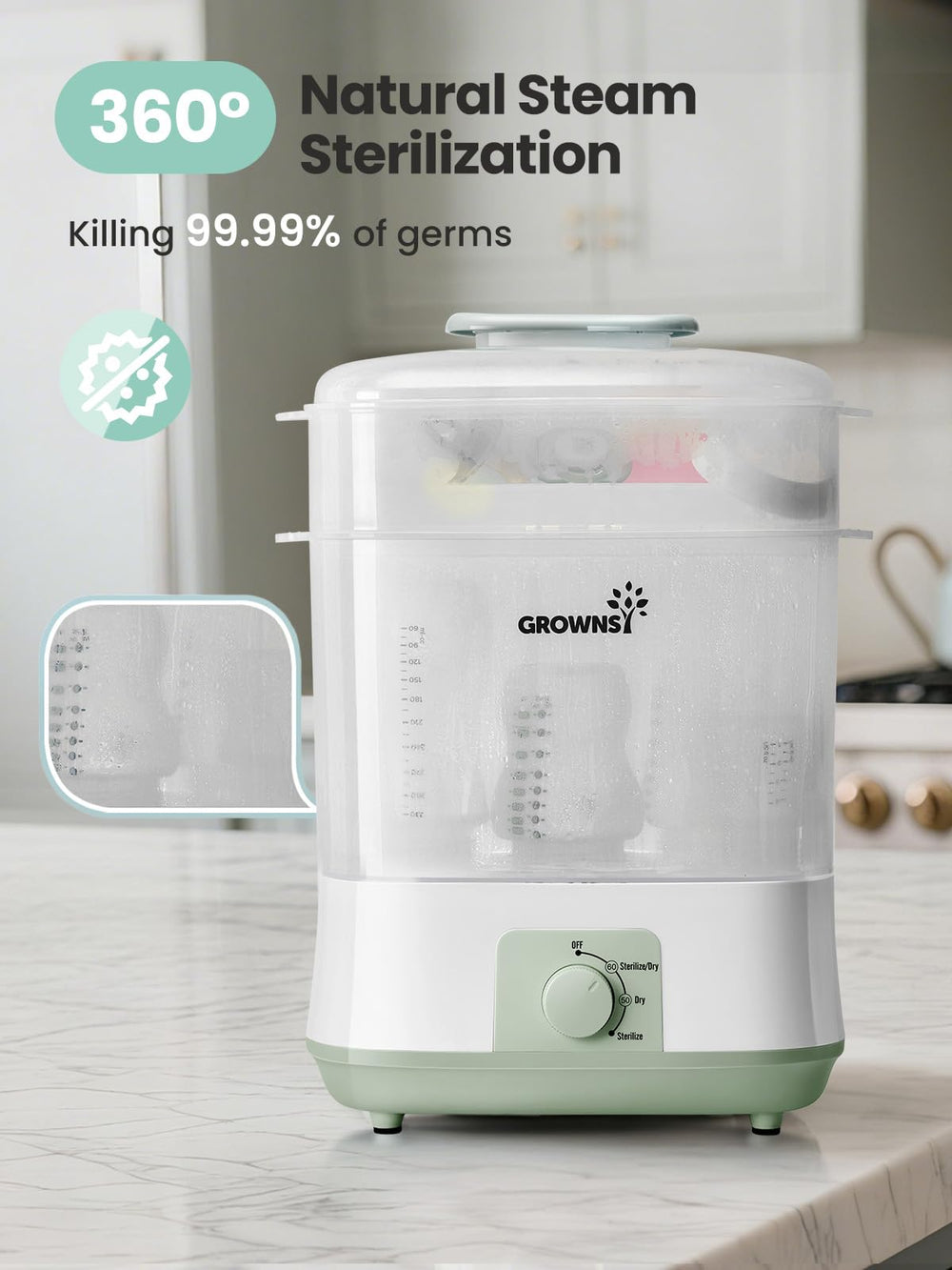 Grownsy steam sterilizer demonstrates 360-degree cleaning for hygienic bottles.