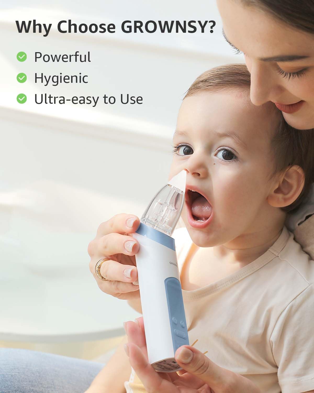 GROWNSY aspirator offers three suction levels for customizable comfort.