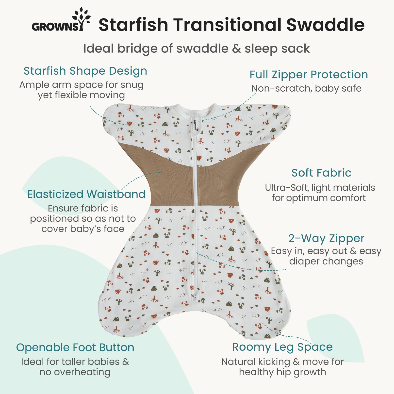 Grownsy dual zipper swaddle for quick diaper changes