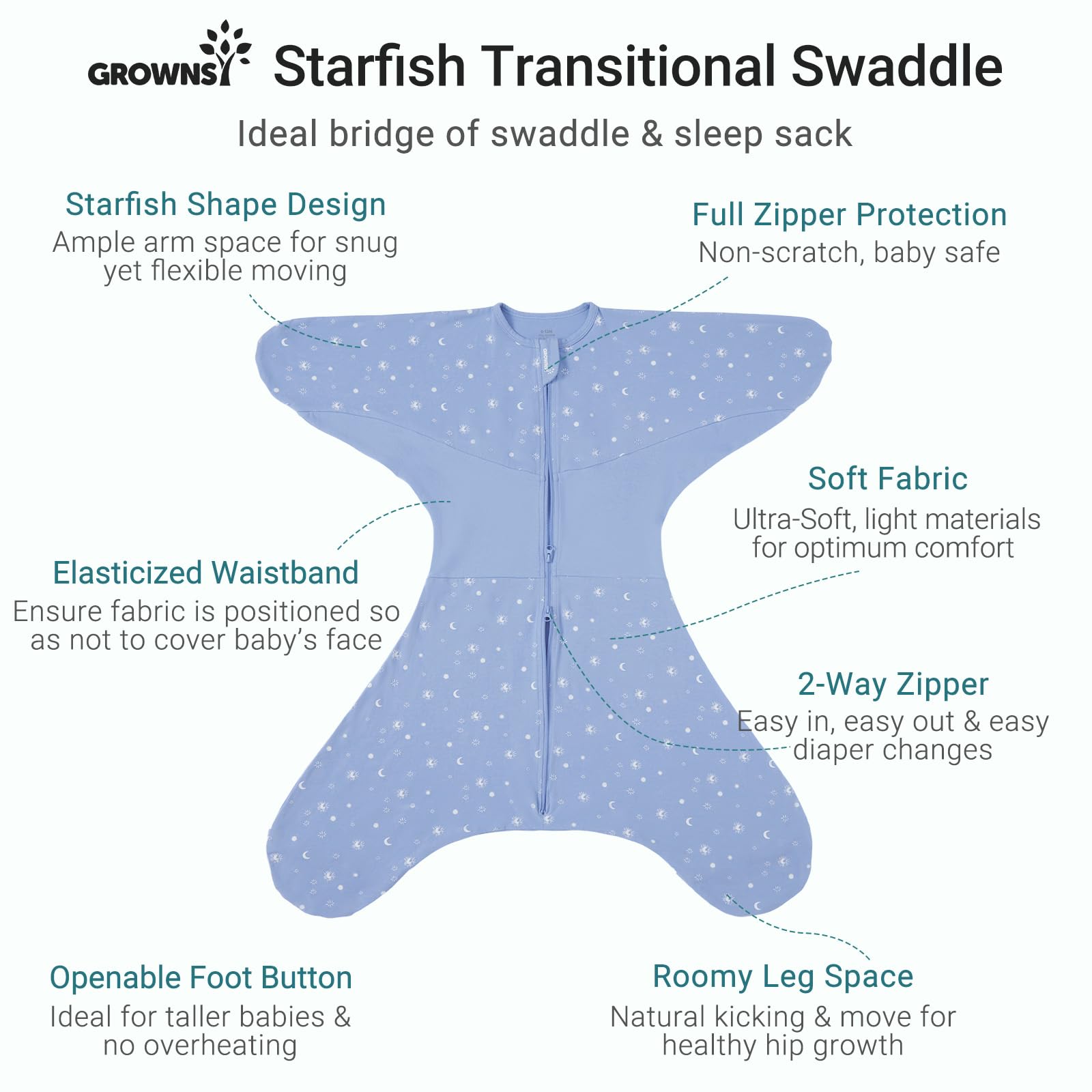 Grownsy transitional swaddle with foot opening for growing babies