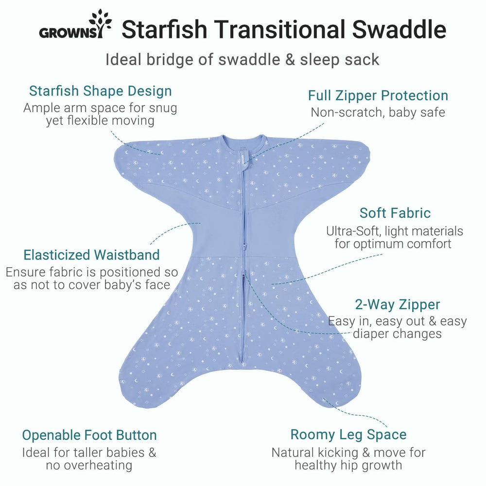 Grownsy transitional swaddle with foot opening for growing babies