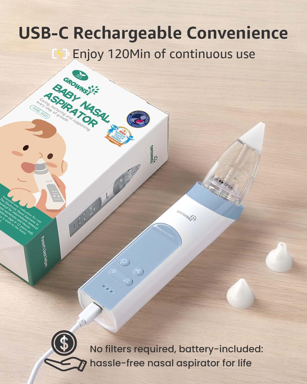GROWNSY light and soothing music helps calm your baby during cleaning.