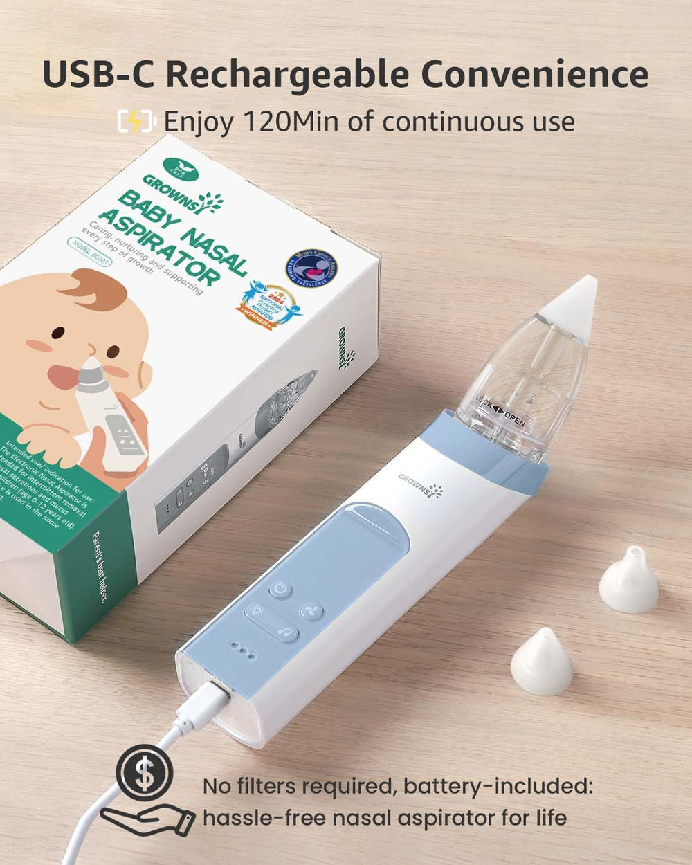 GROWNSY light and soothing music helps calm your baby during cleaning.