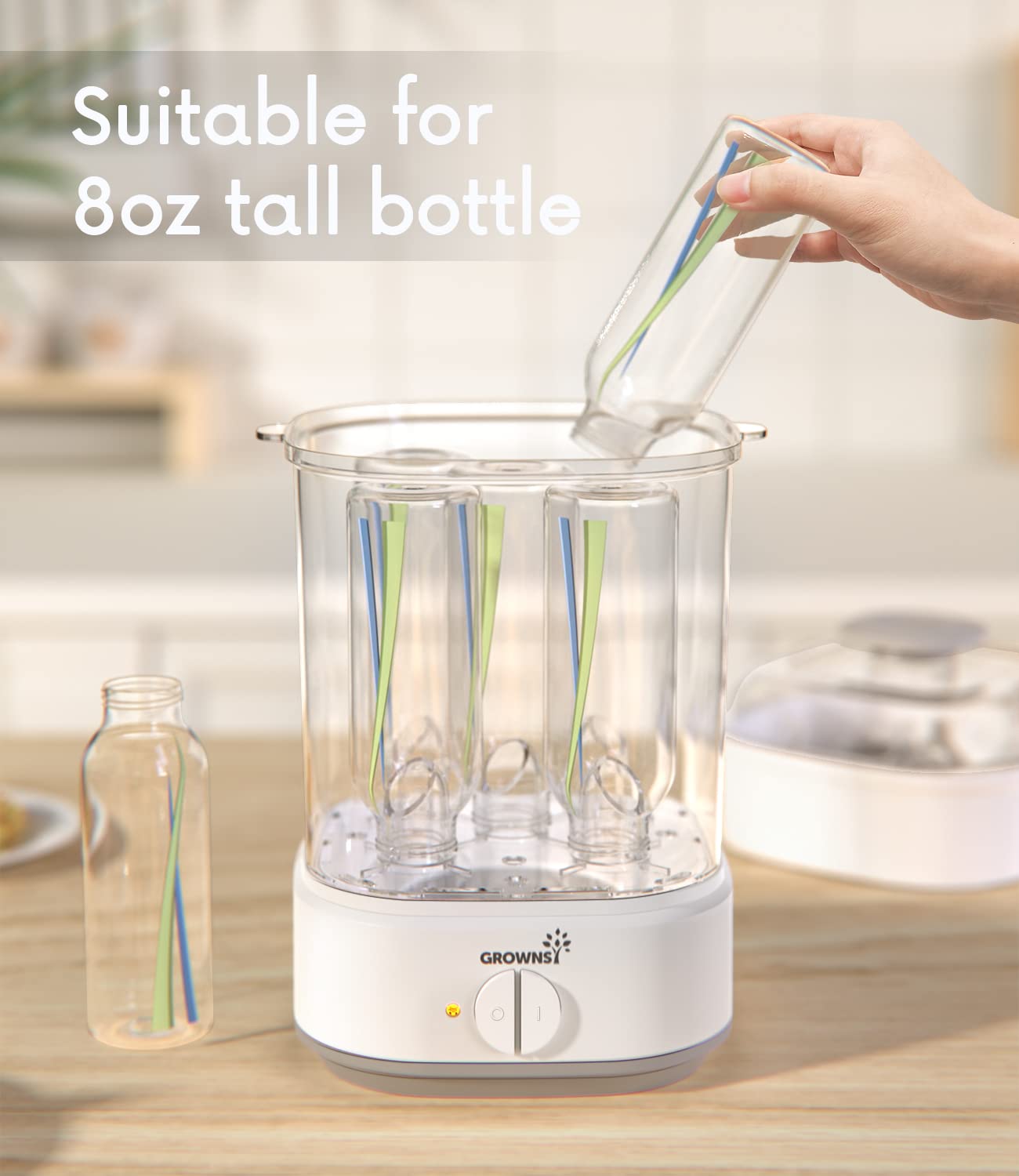Grownsy universal-fit design accommodates bottles, pacifiers, pumps, and more.
