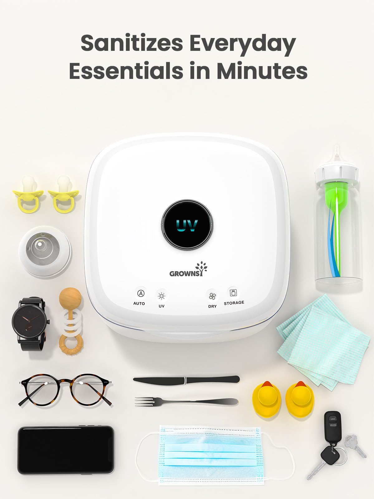 GROWNSY 4-in-1 AUTO mode for hands-free sanitizing and drying
