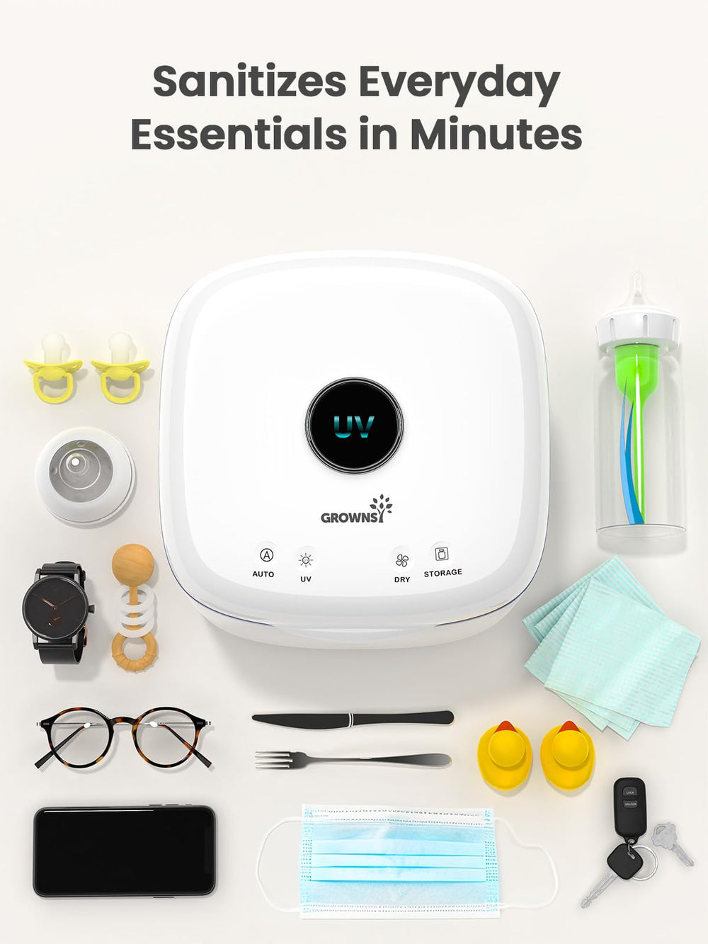 GROWNSY 4-in-1 AUTO mode for hands-free sanitizing and drying