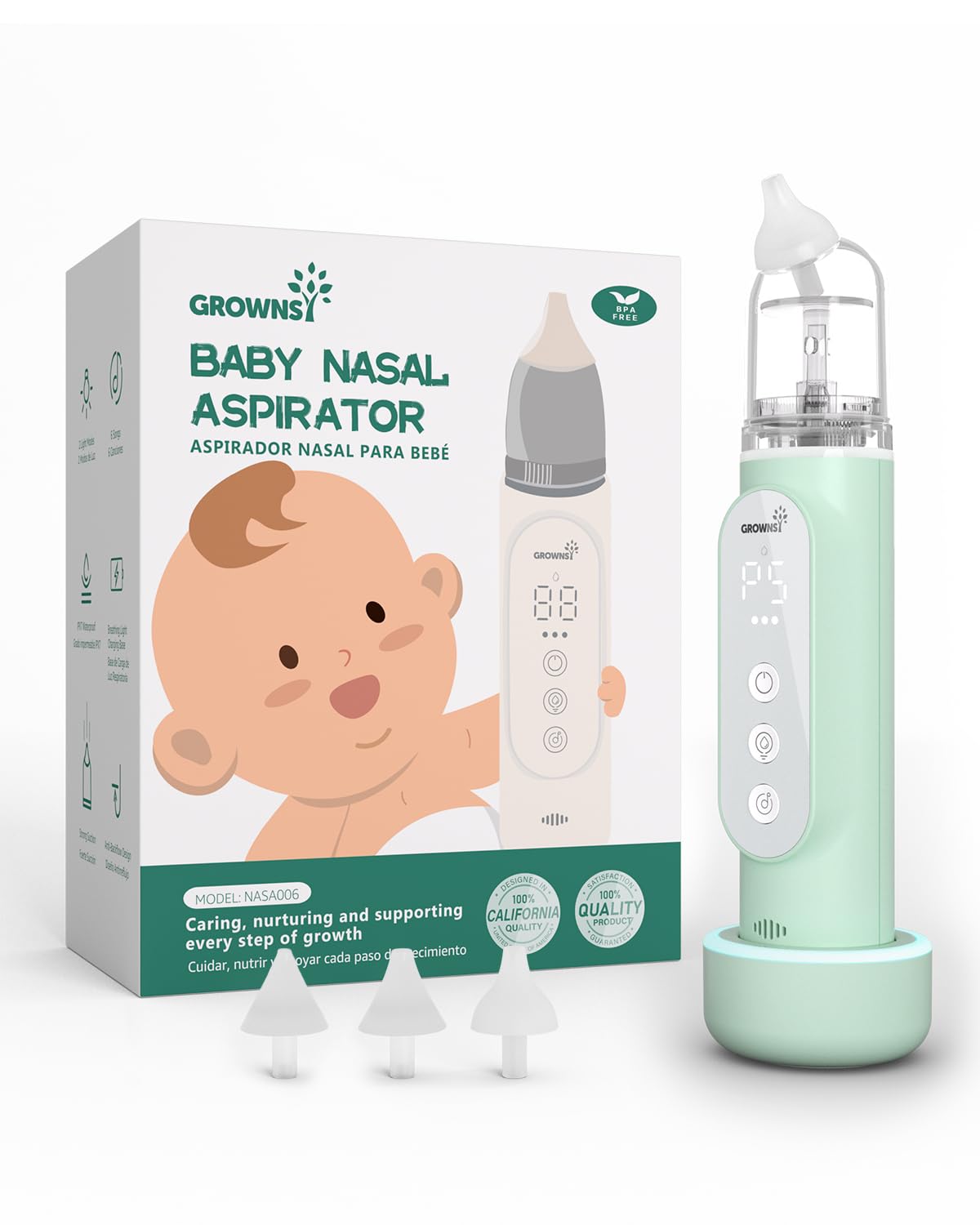GROWNSY nasal aspirator with 5 suction levels for gentle, personalized cleaning.