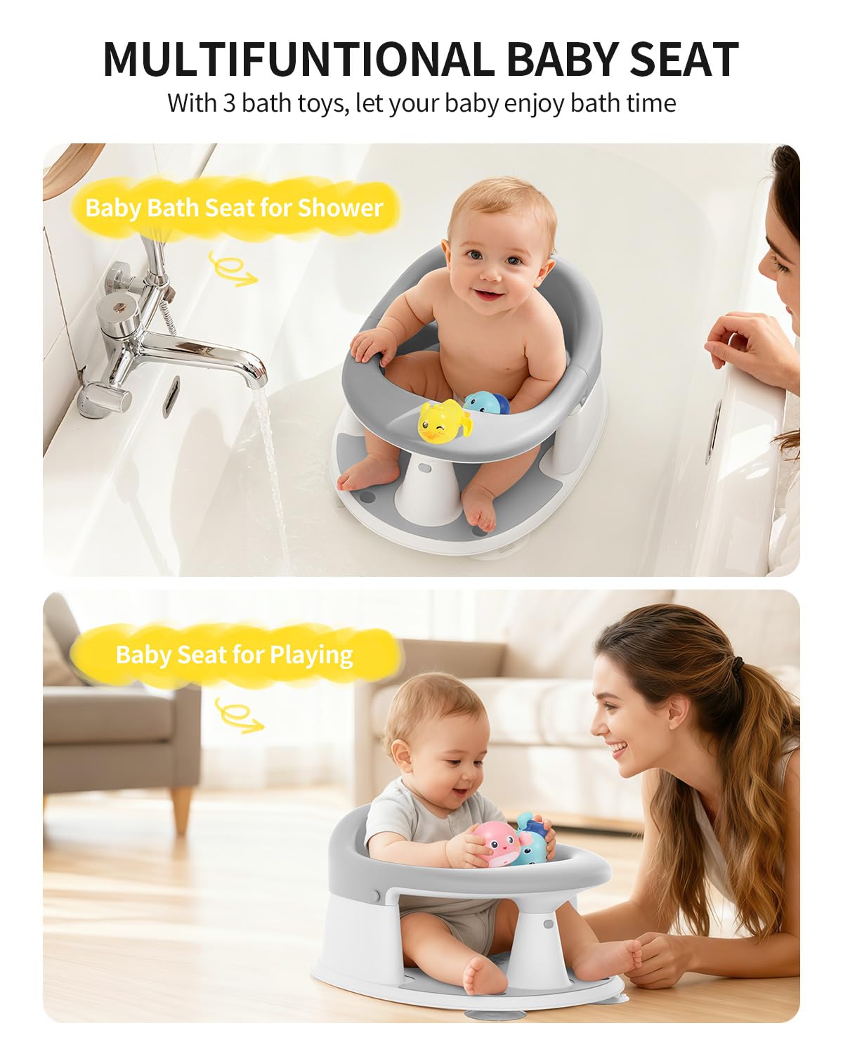 GrowthFun bath seat with ring armrest adds safety and keeps baby upright.