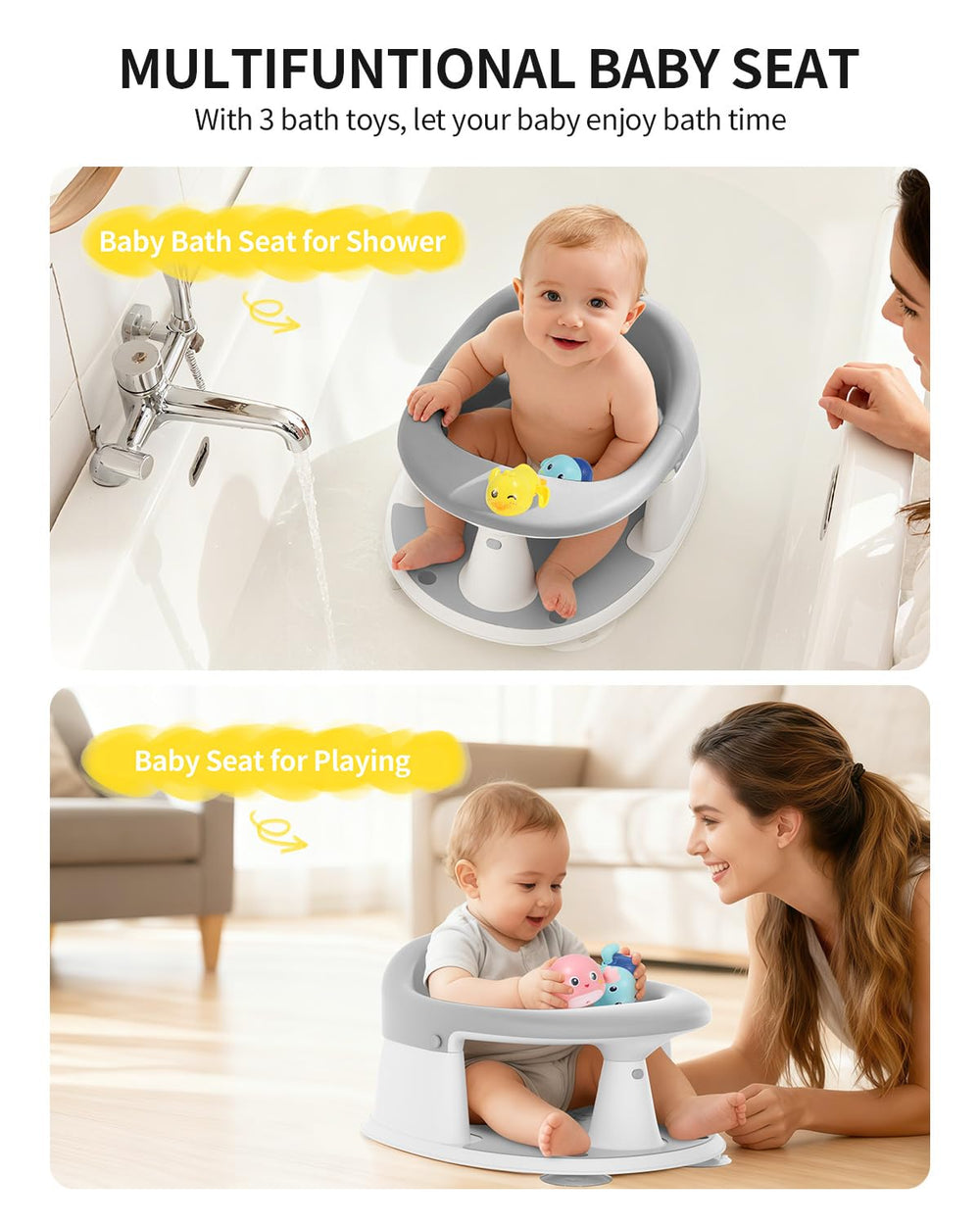 GrowthFun bath seat with ring armrest adds safety and keeps baby upright.