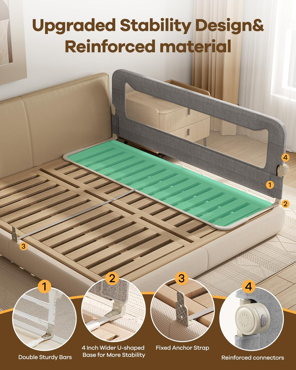 GrowthFun bed rail with secure gap-free design prevents gaps for toddlers.