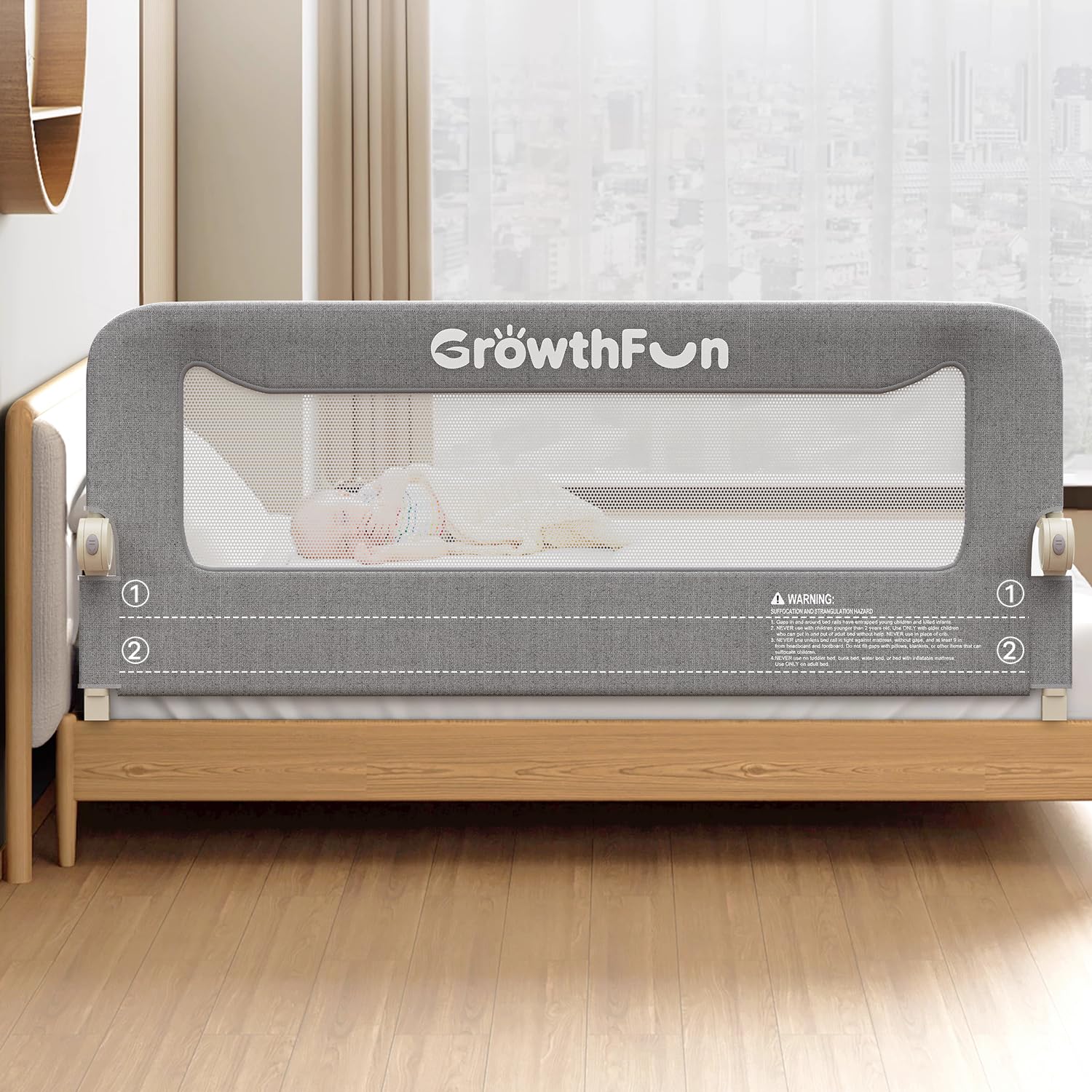 GrowthFun foldable bed rail for toddlers provides quick setup and secure sleep.