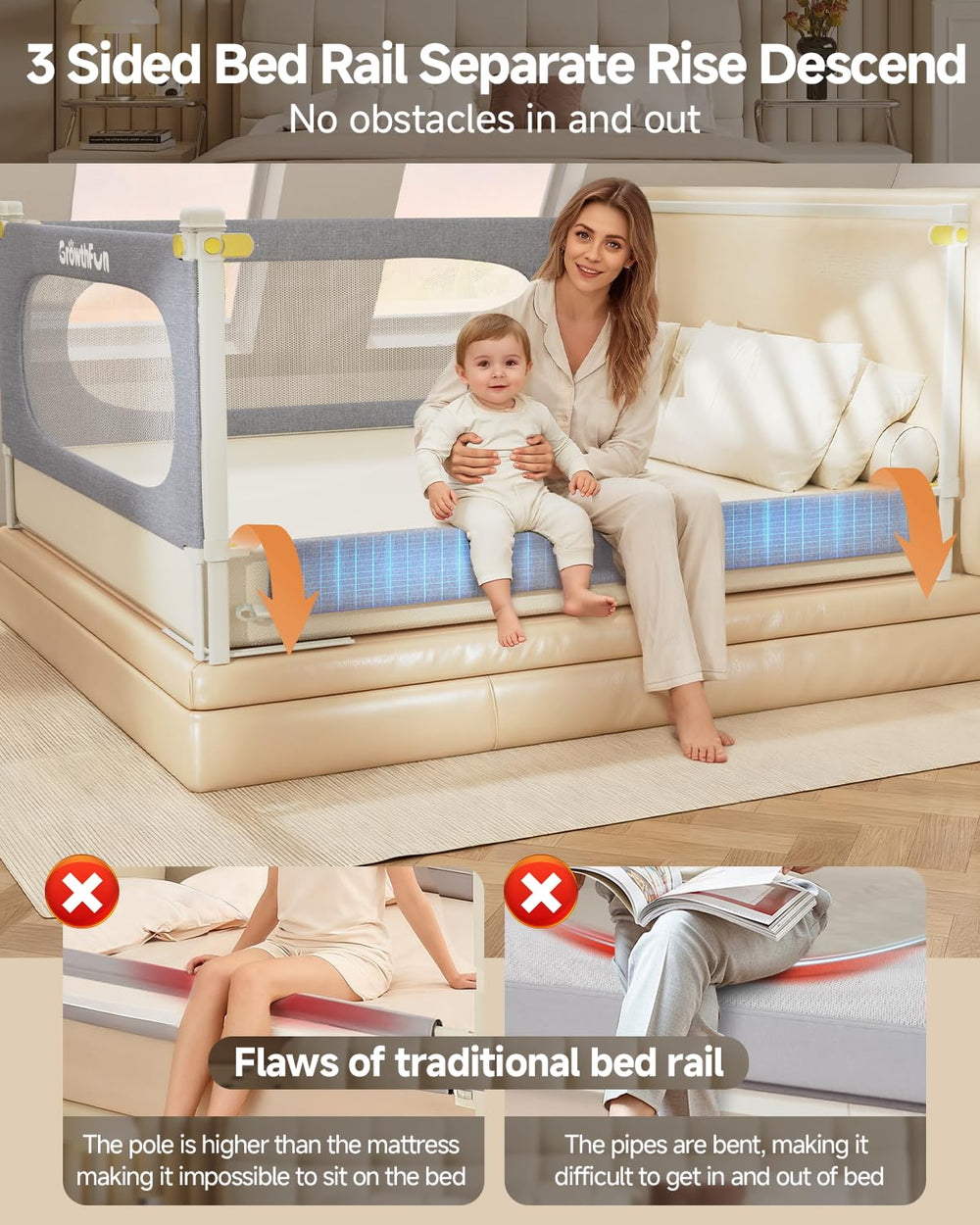 GrowthFun single-side lift enables easy lifting for sheet changes and child access.