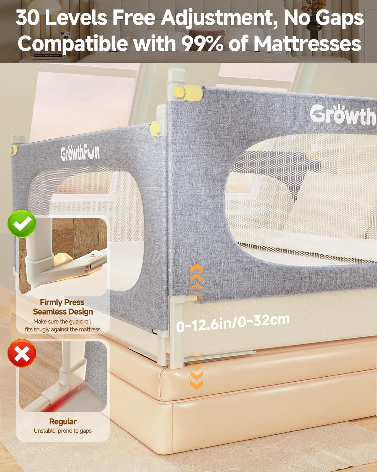 GrowthFun soft-padding edge minimizes contact and promotes gentle comfort during sleep.