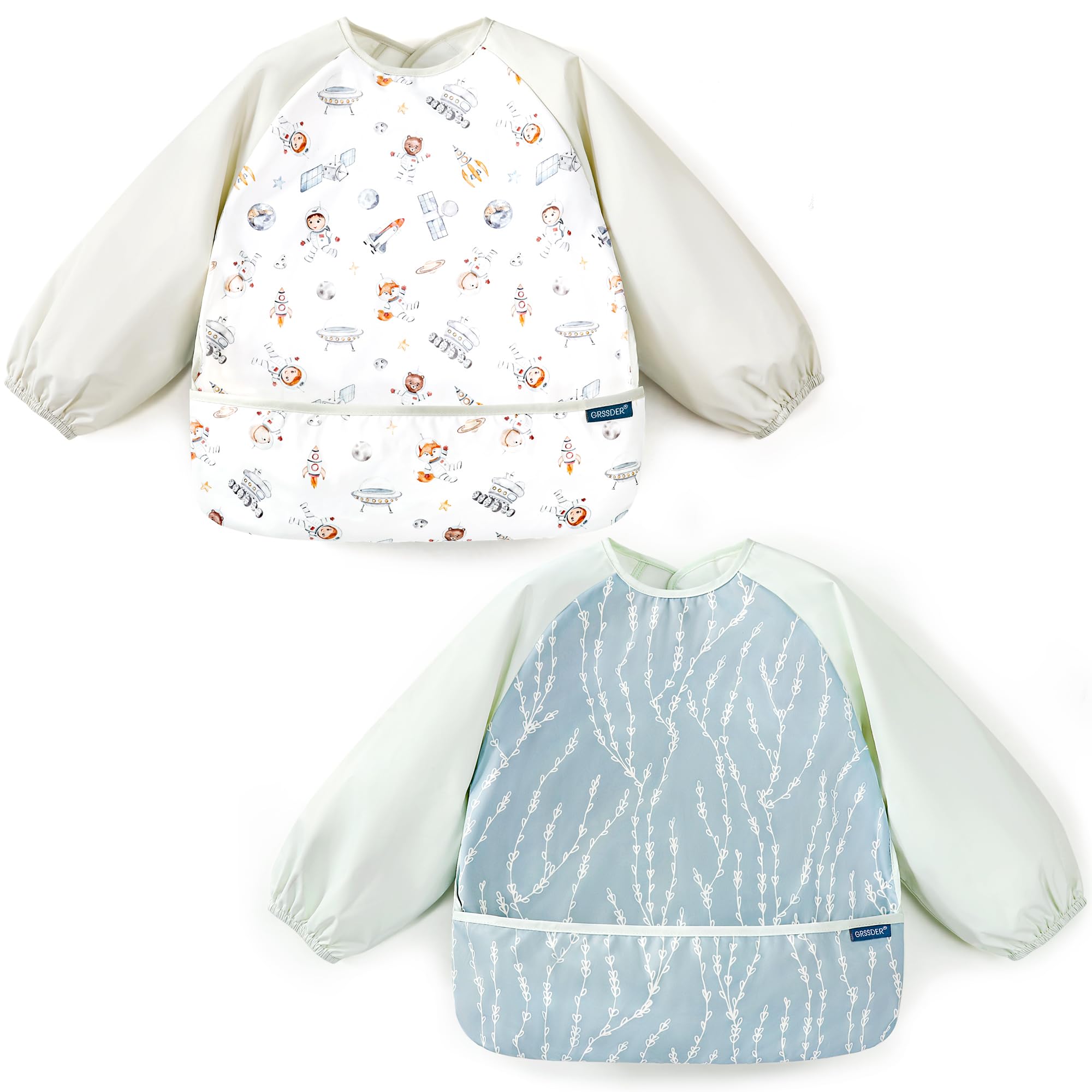 GRSSDER long-sleeve bib with floral pattern keeps outfits clean during meals.