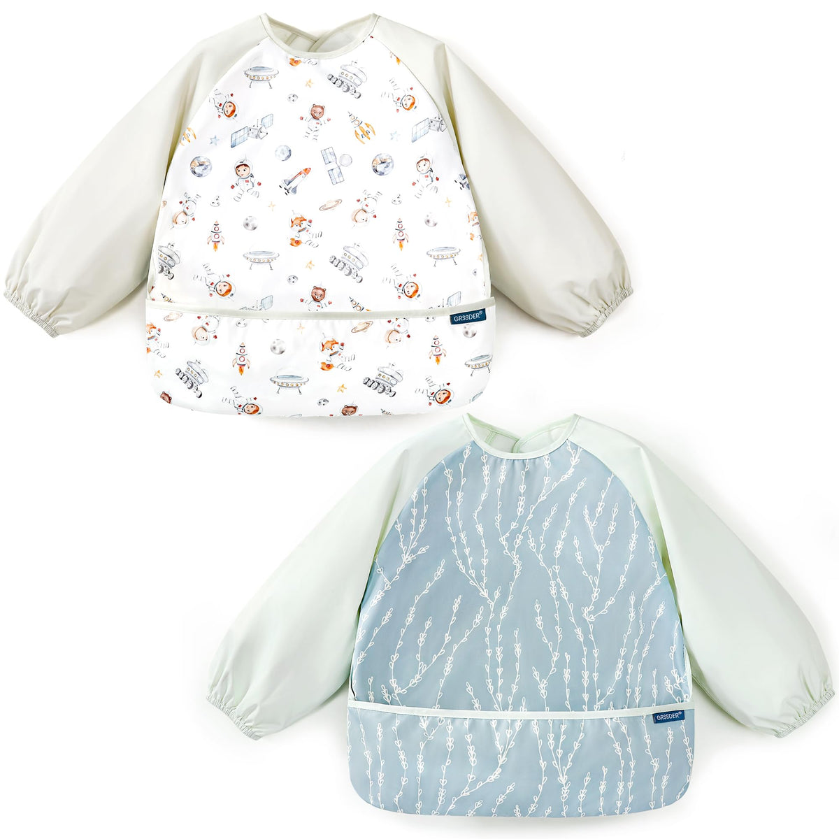 GRSSDER long-sleeve bib with floral pattern keeps outfits clean during meals.