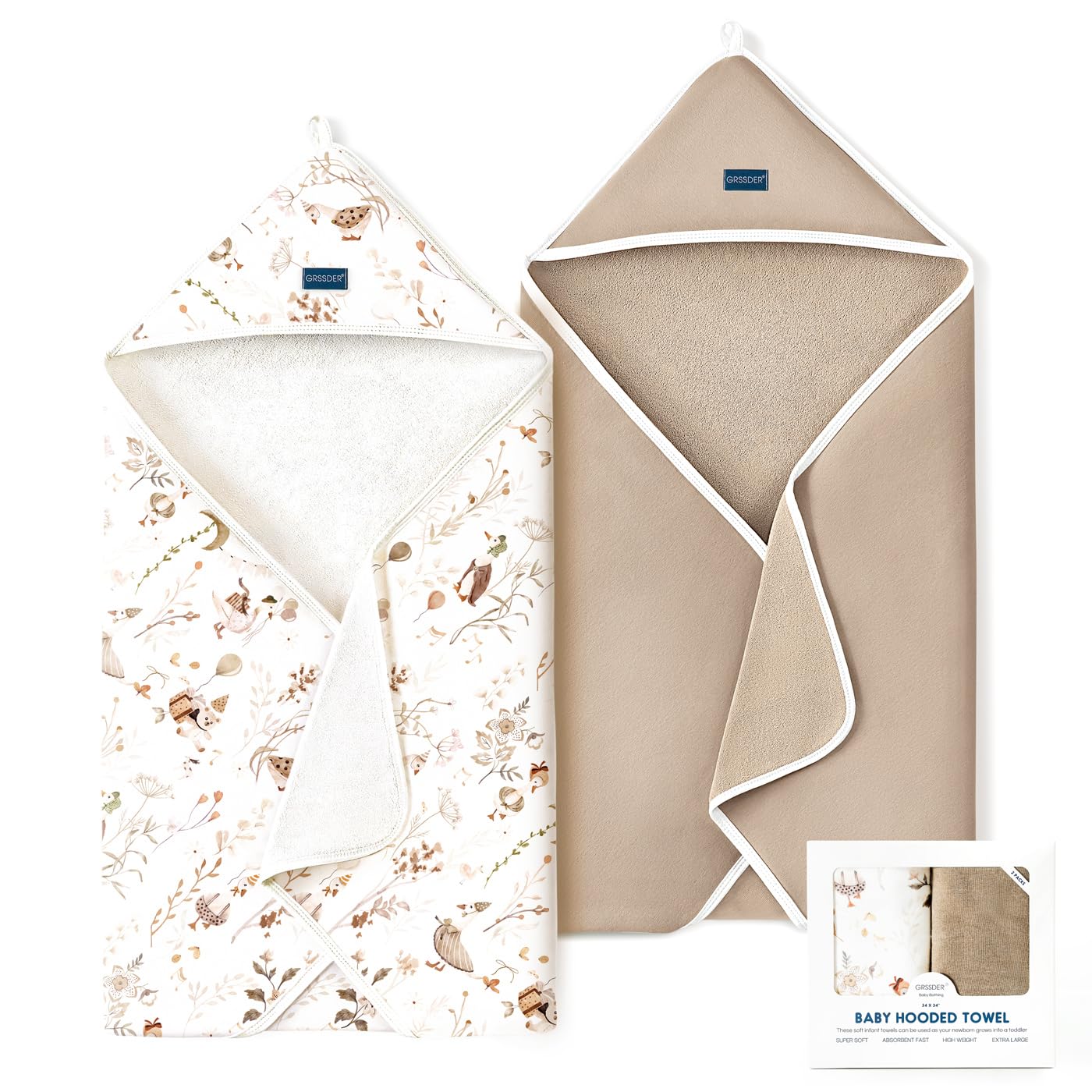 GRSSDER baby hooded towel in cream pattern for cozy post-bath warmth.