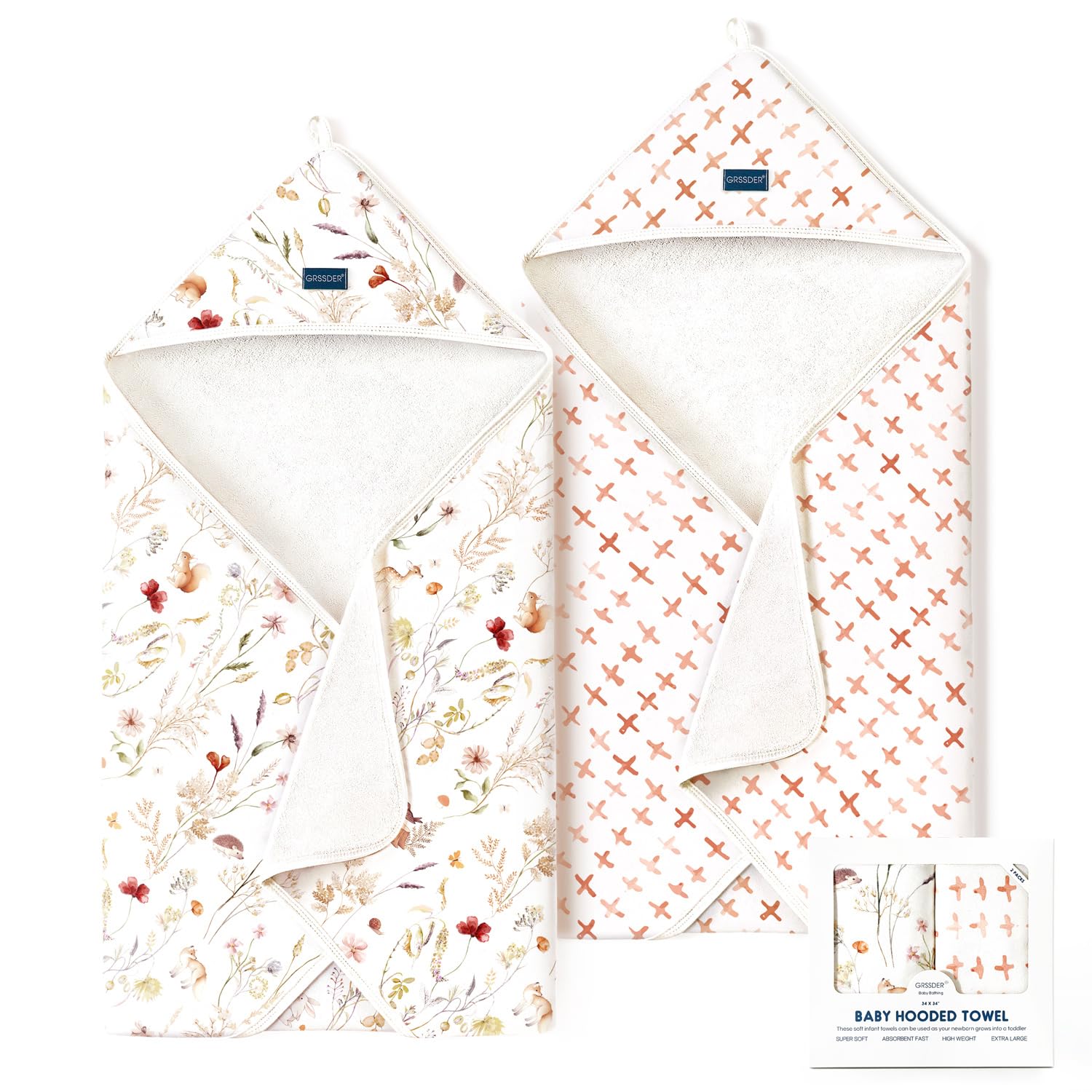 GRSSDER baby hooded towel hood closeup, cozy wrap for newborn bath time