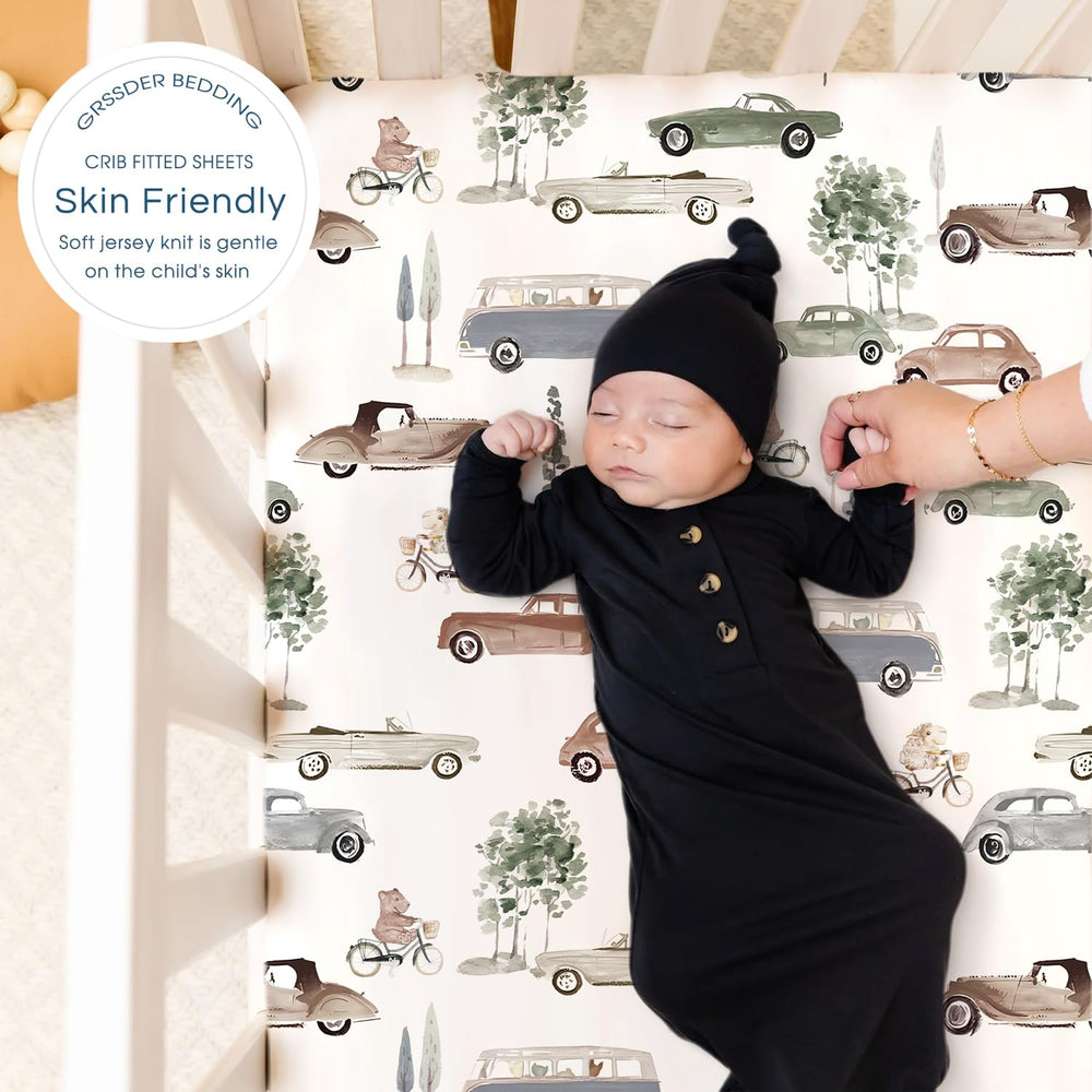 GRSSDER cartoon-cars neutral pattern crib sheet adds playful style
