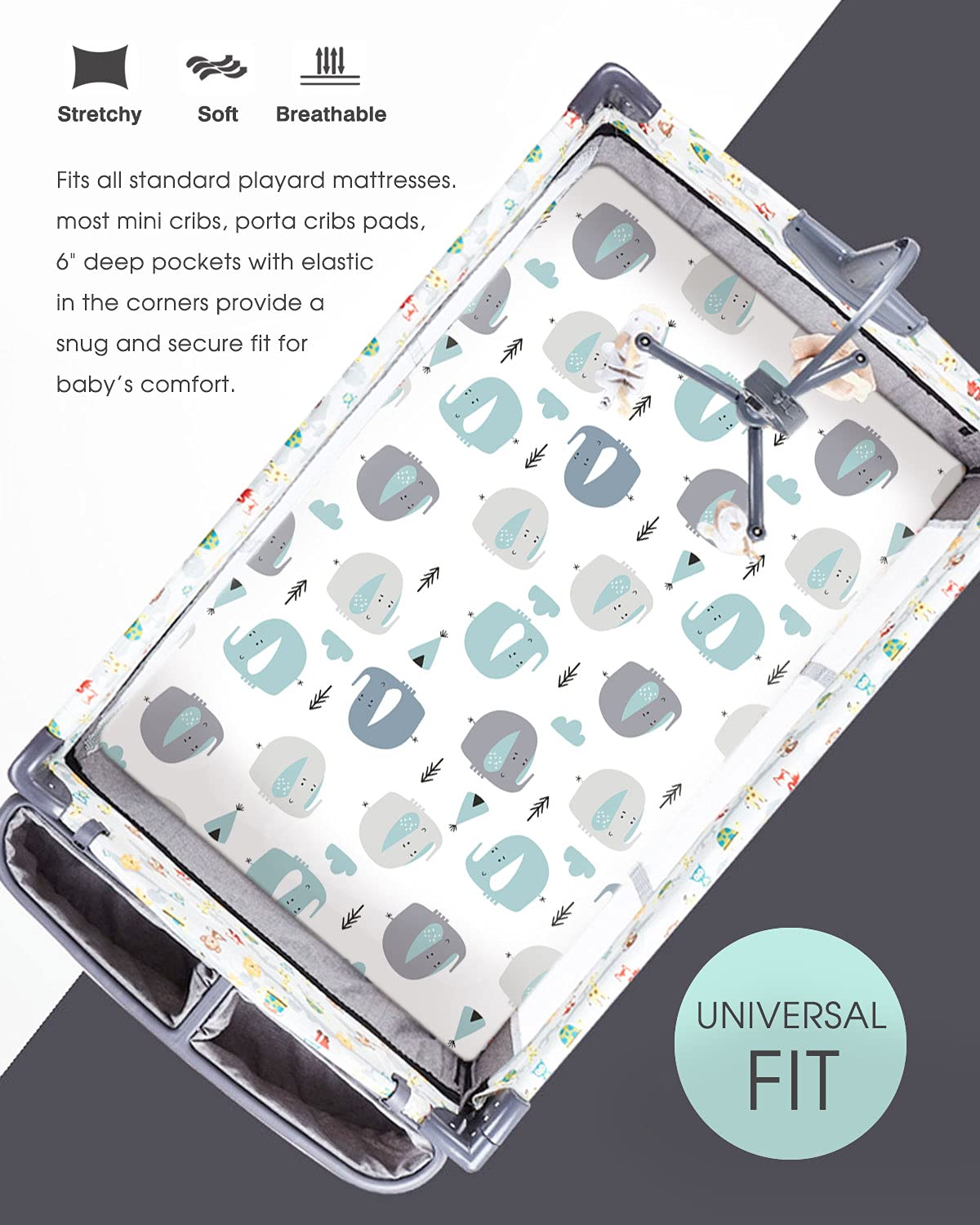 GRSSDER elephant-print pack n play sheets add a cheerful nursery design.