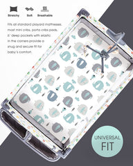 GRSSDER elephant-print pack n play sheets add a cheerful nursery design.