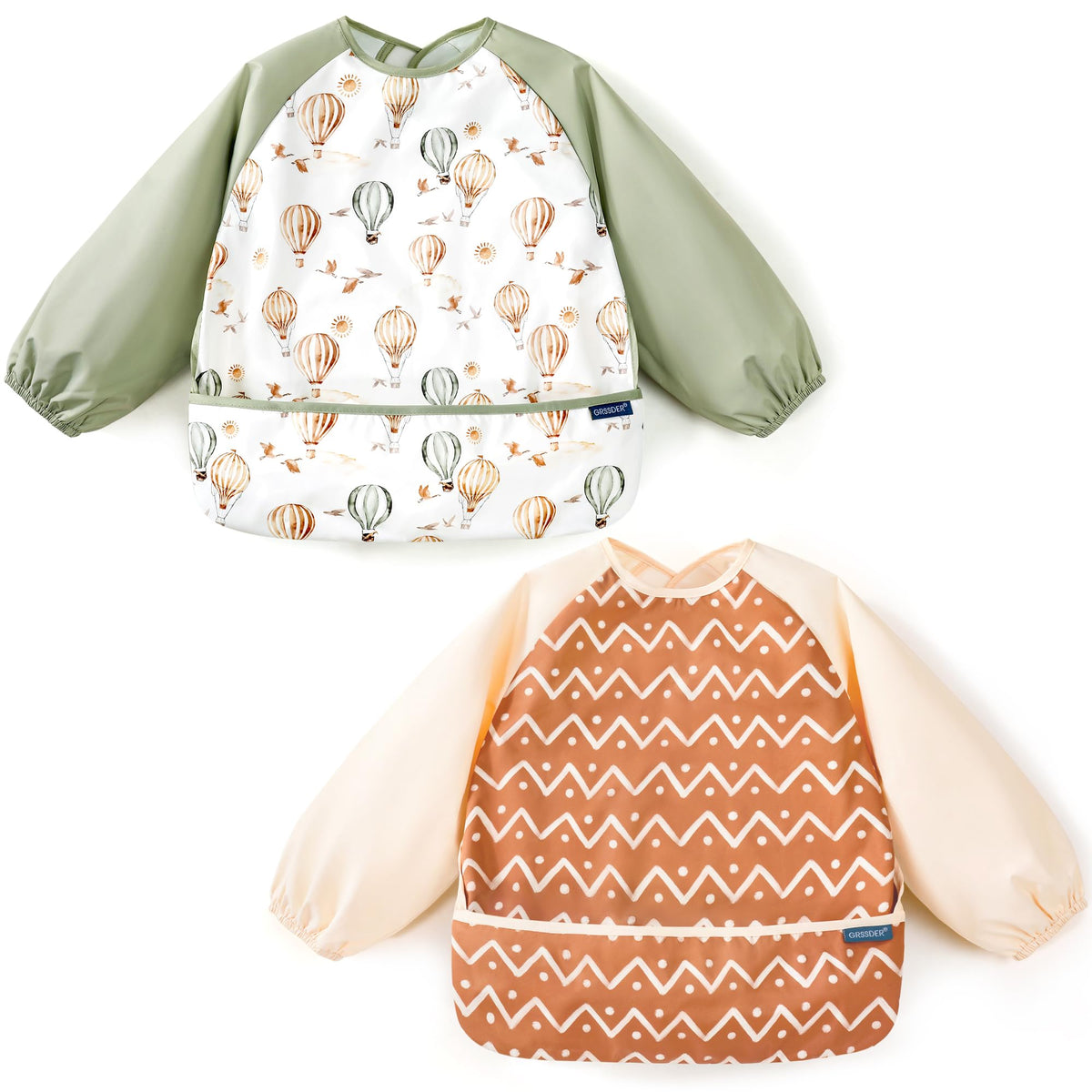 GRSSDER long-sleeve bib pattern A with pocket keeps crumbs contained during meals.