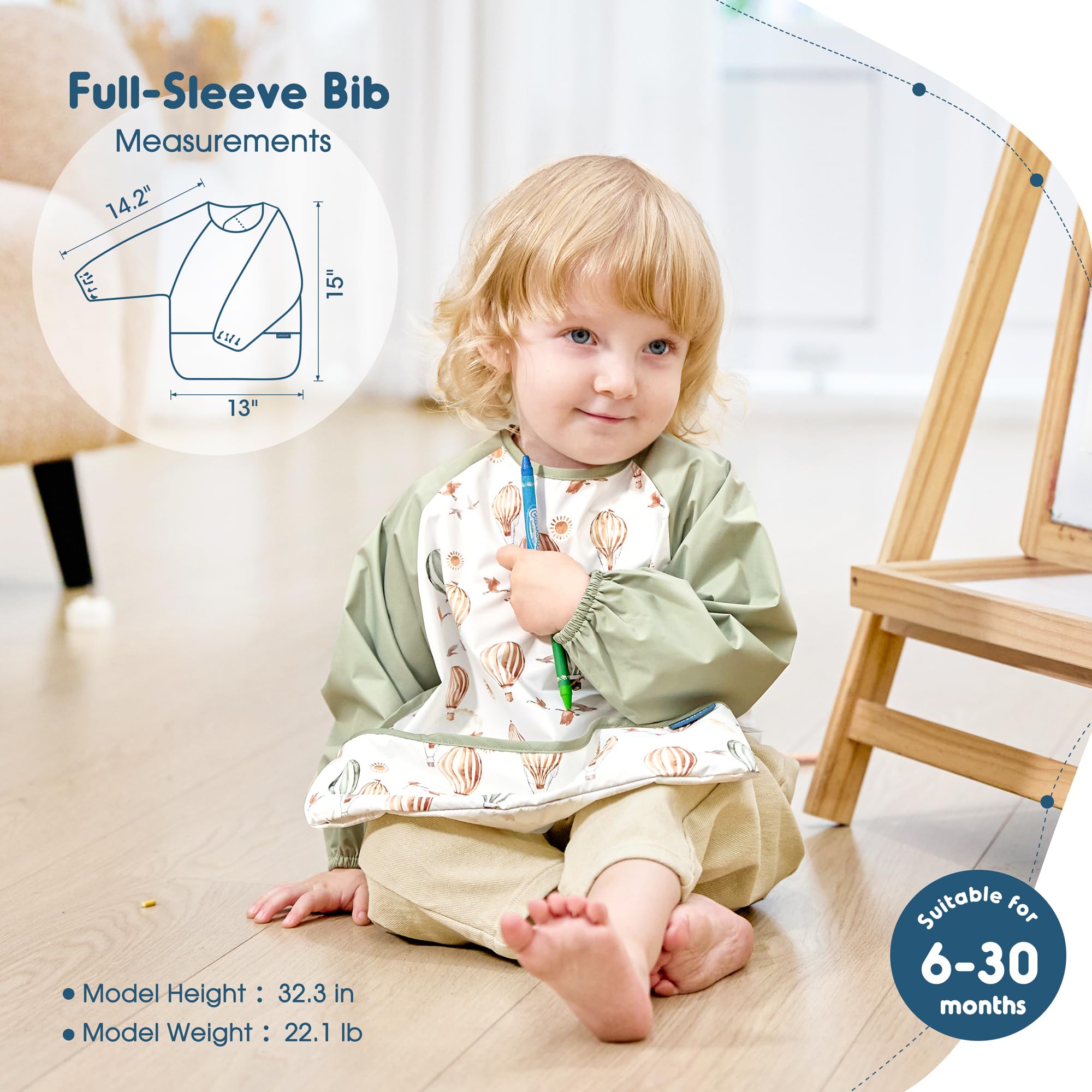 GRSSDER long-sleeve bib pattern B pocket catches messes for easier cleanup.