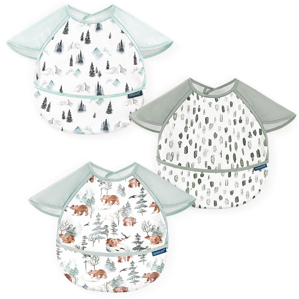 GRSSDER mess-proof bib with pocket catching crumbs at mealtime