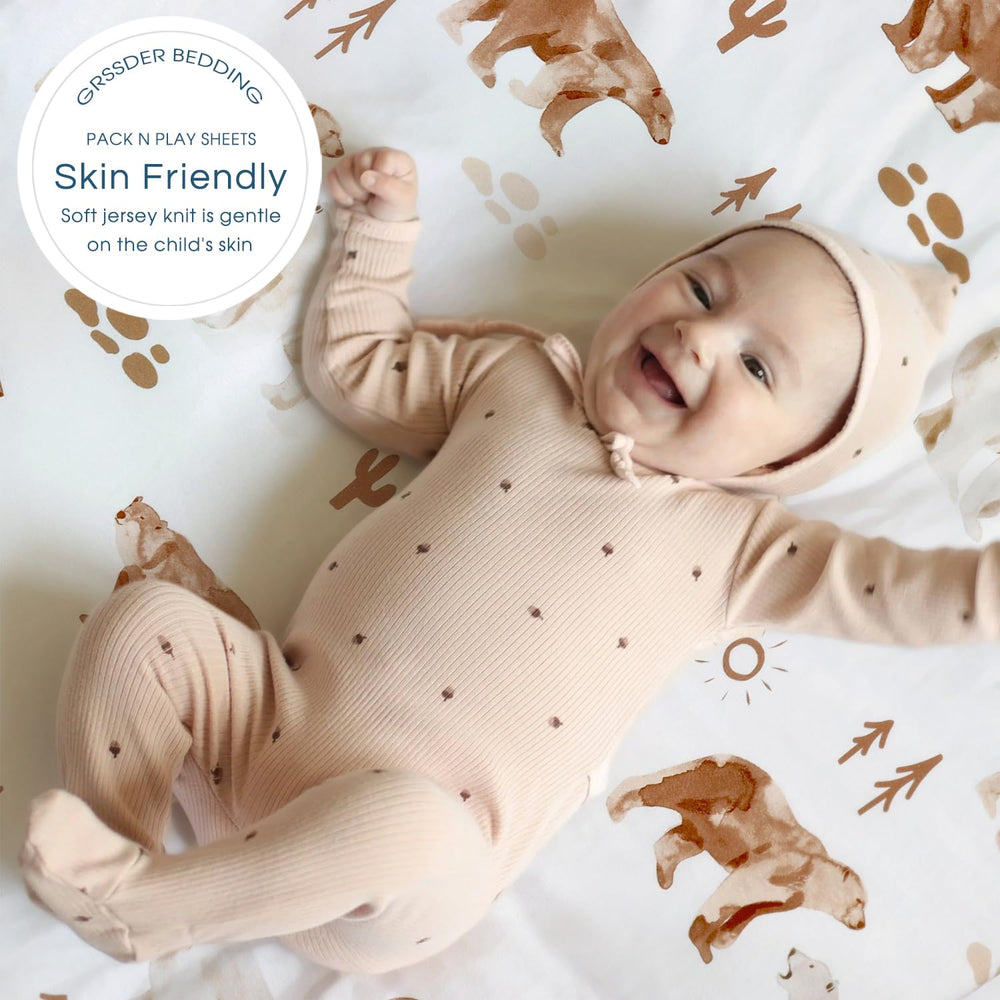 GRSSDER mini crib sheet shows elastic band for quick, secure placement.