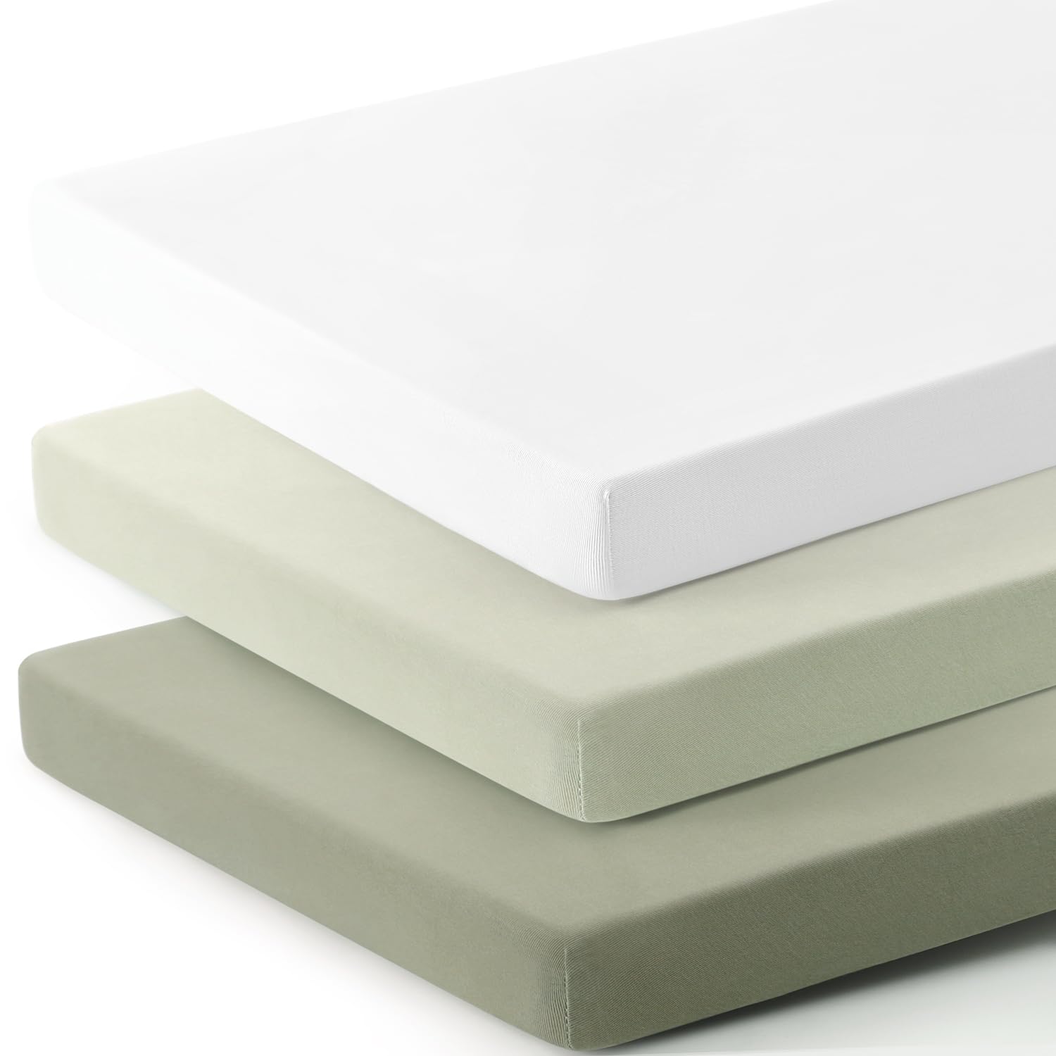 GRSSDER mini crib sheet in sage green fitted to a playard mattress for a secure, breathable fit