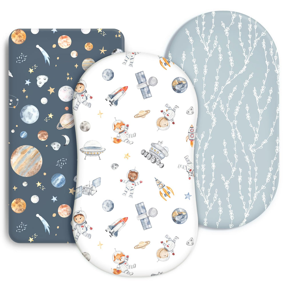GRSSDER Space Print bassinet sheet stretched for a snug, secure fit.